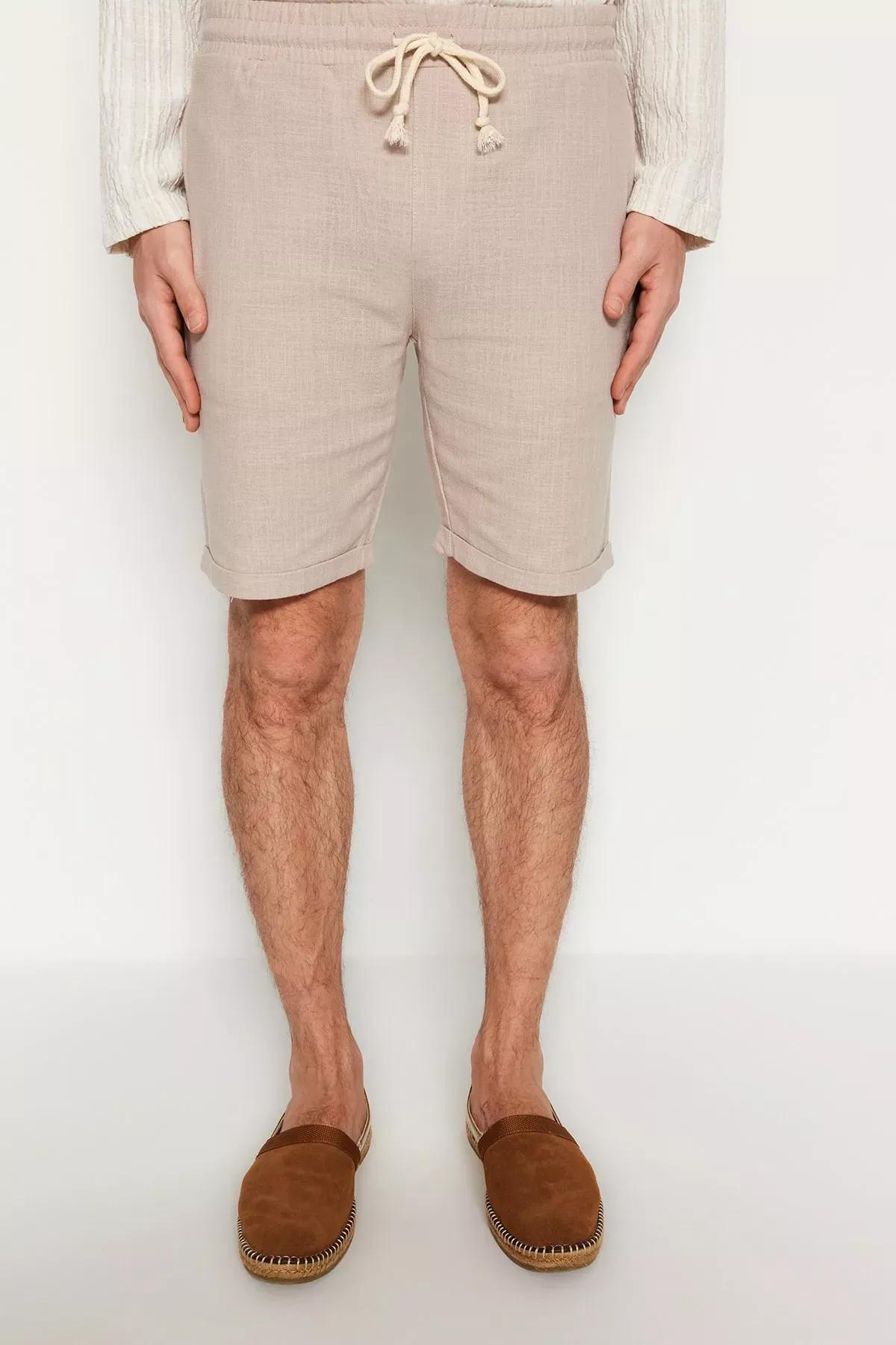 Beige Mid Waist Straight Shorts, Beige, large image number 2