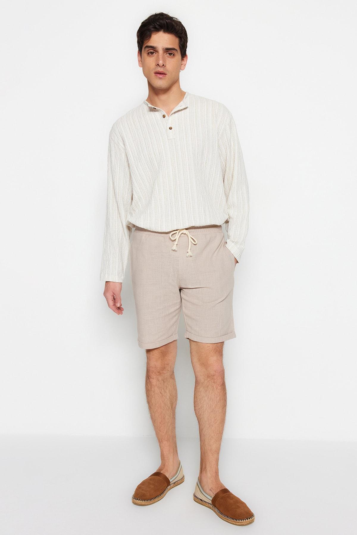 Beige Mid Waist Straight Shorts, , large image number 3