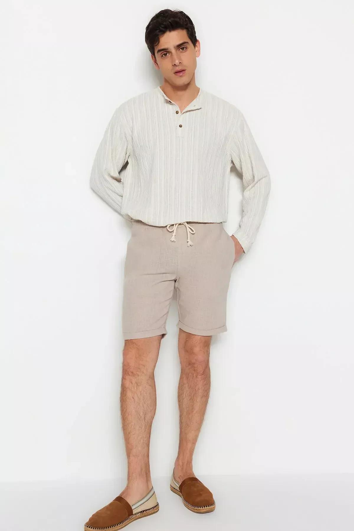 Beige Mid Waist Straight Shorts, Beige, large image number 5