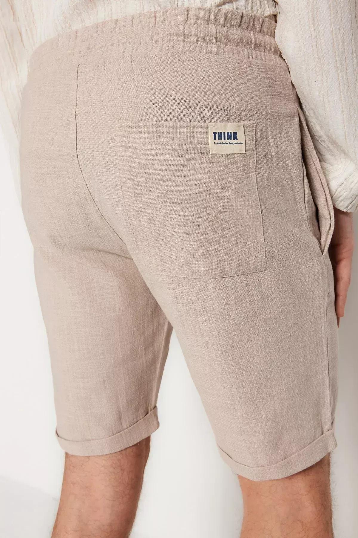 Beige Mid Waist Straight Shorts, Beige, large image number 7