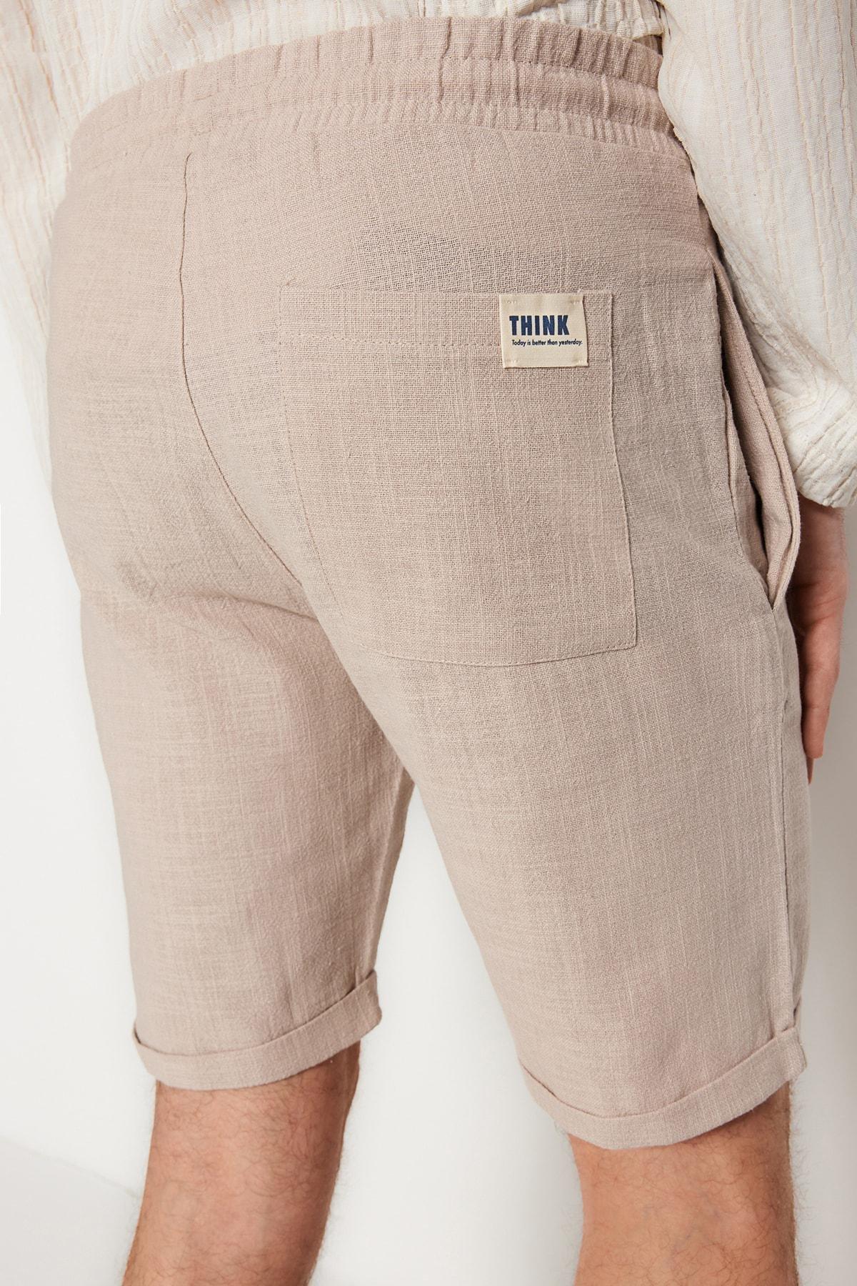 Beige Mid Waist Straight Shorts, , large image number 7