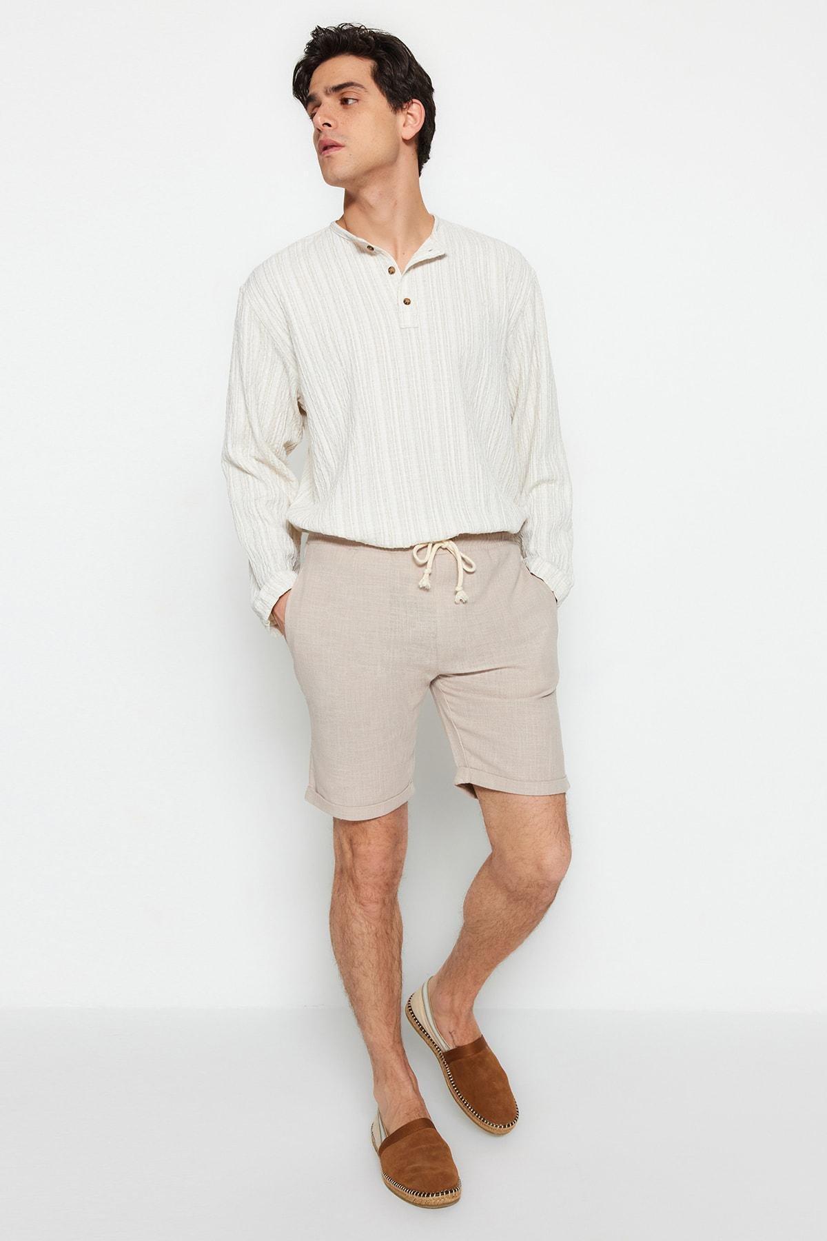 Beige Mid Waist Straight Shorts, , large image number 8