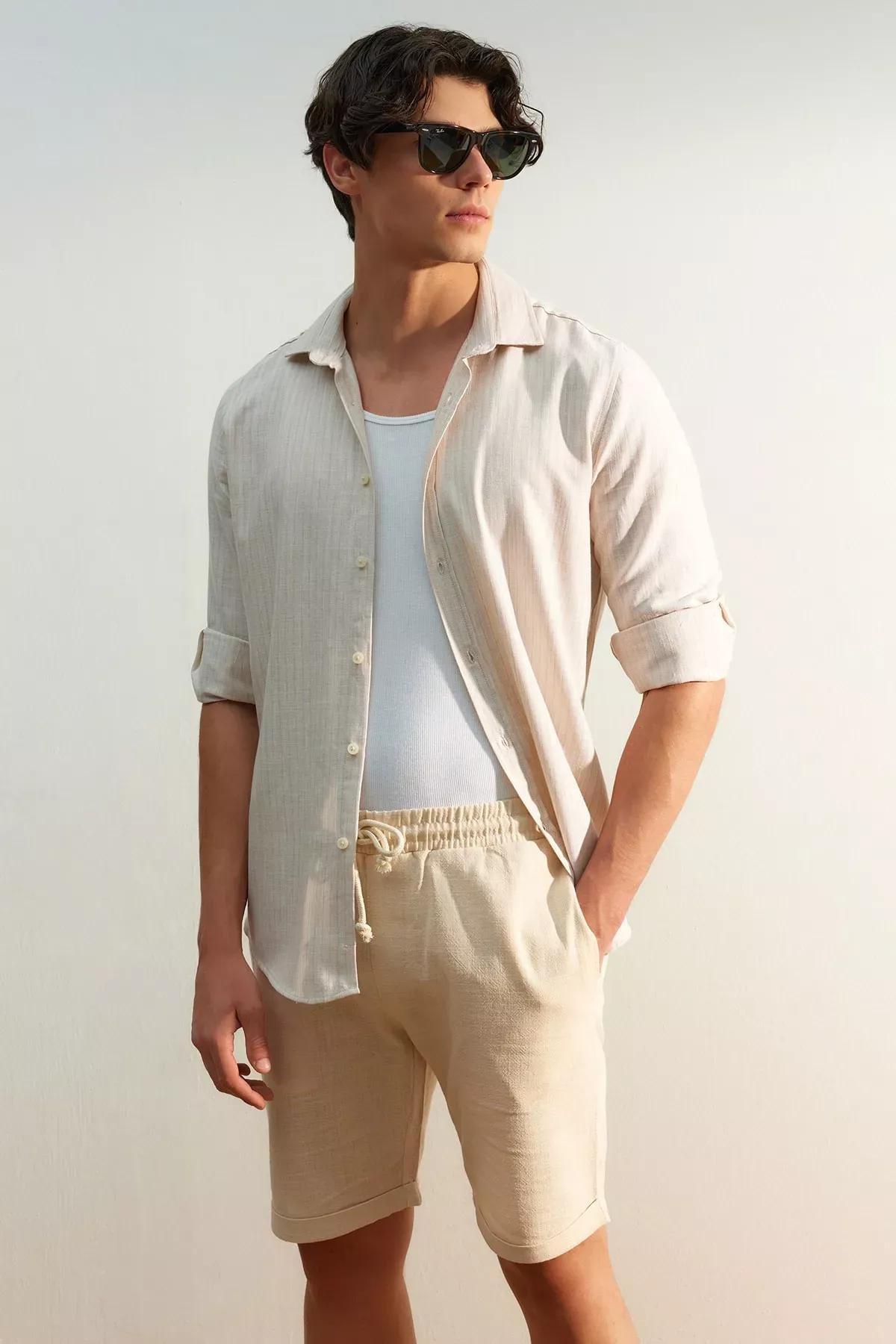 Beige Mid Waist Straight Shorts, , large image number 0