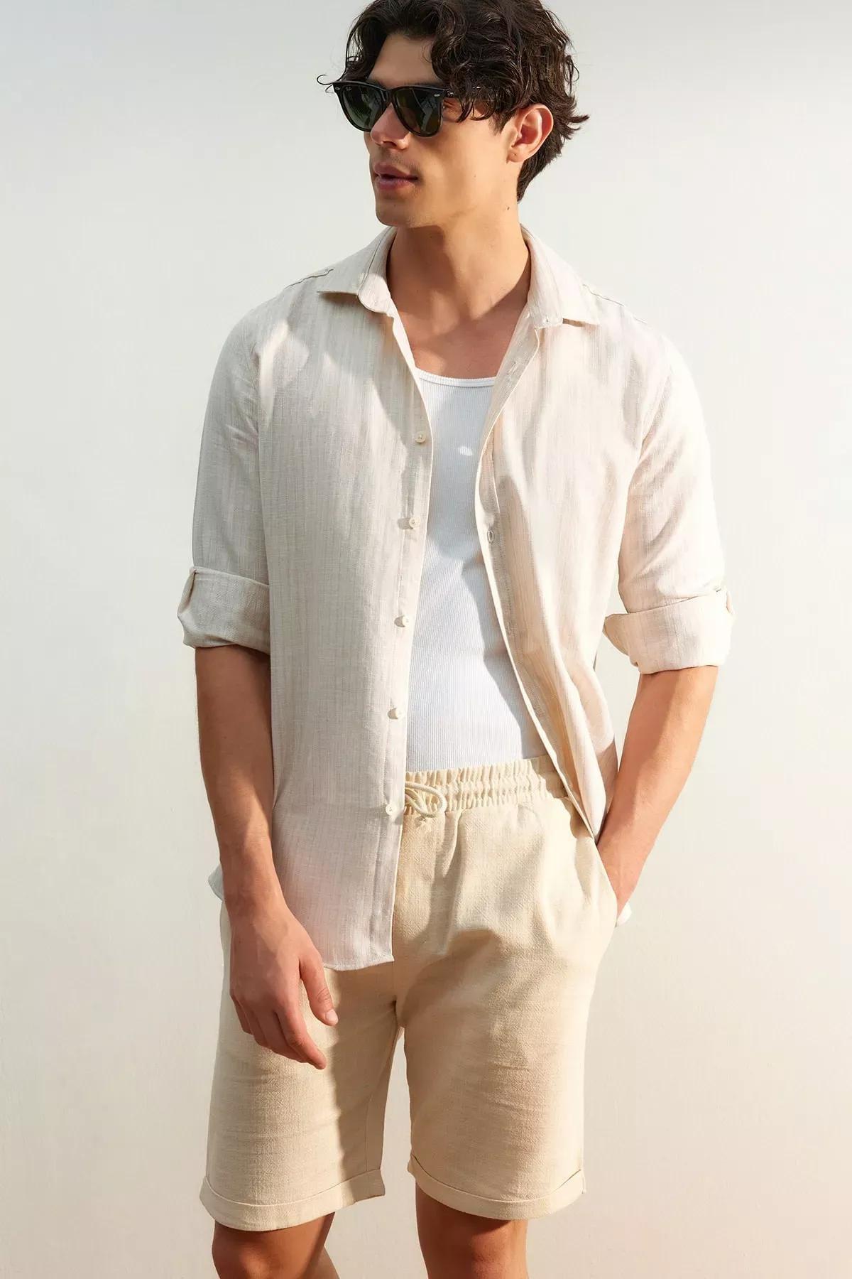 Beige Mid Waist Straight Shorts, , large image number 1