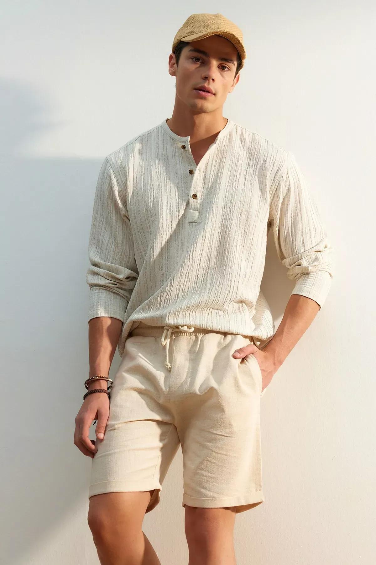 Beige Mid Waist Straight Shorts, Ecru, large image number 2