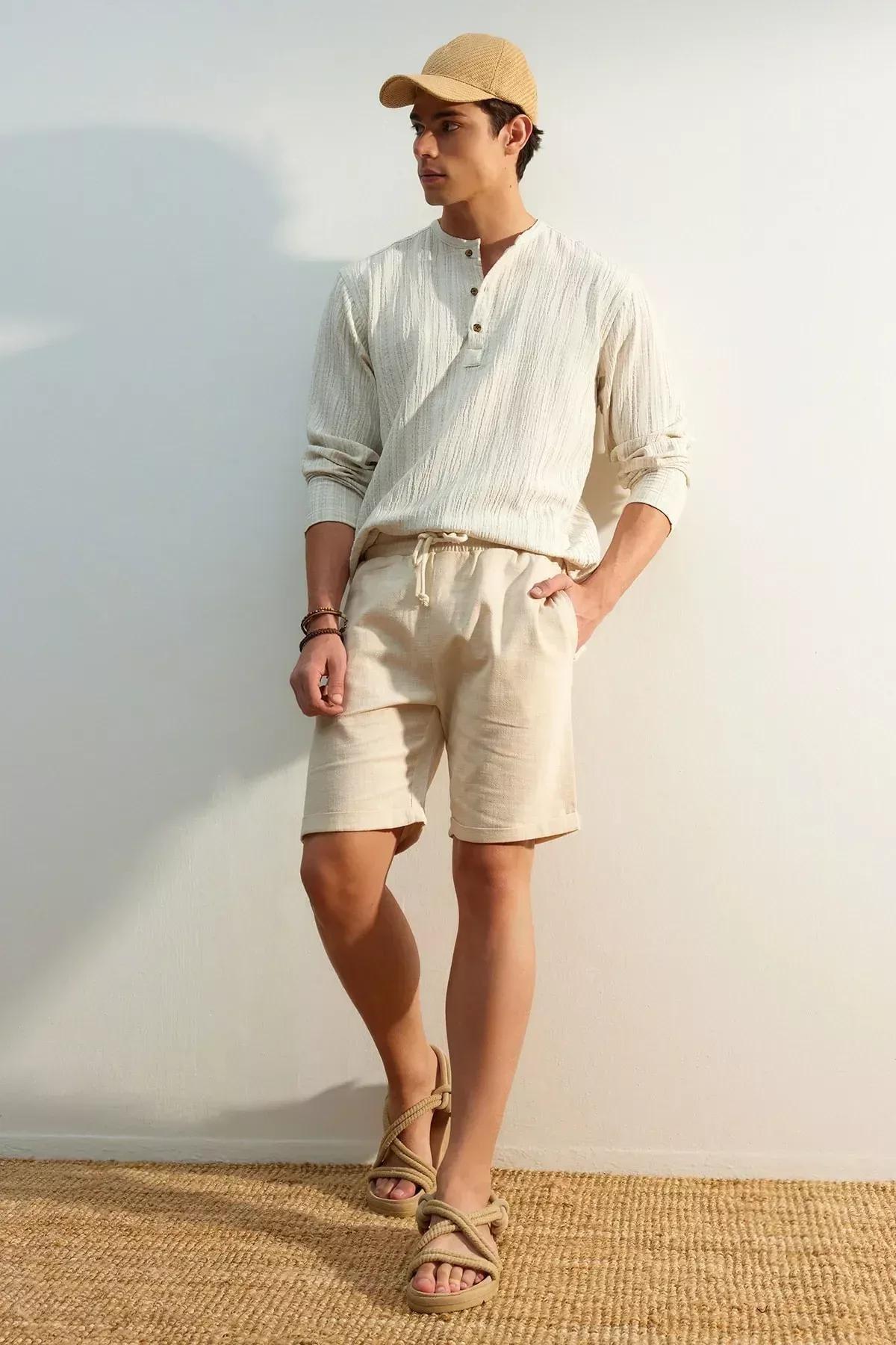 Beige Mid Waist Straight Shorts, , large image number 3
