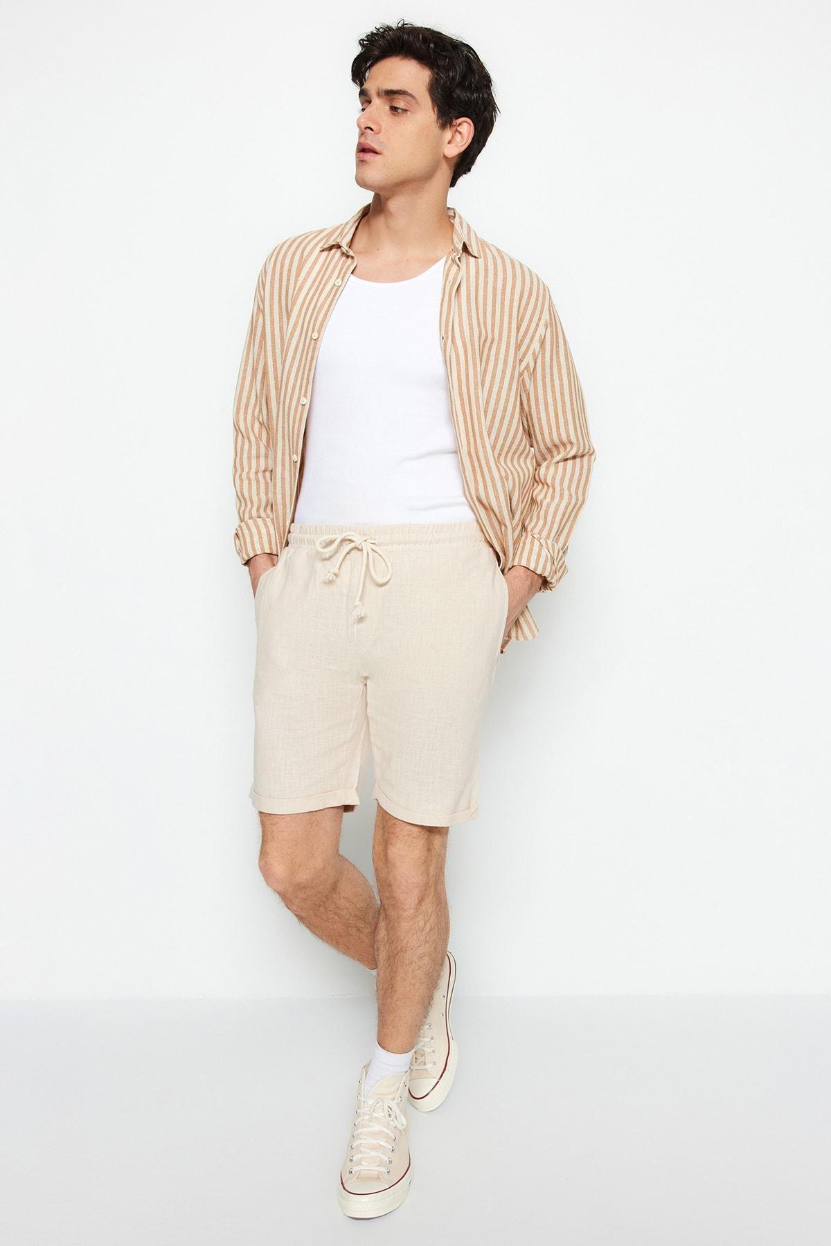 Trendyol - Beige Mid Waist Straight Shorts