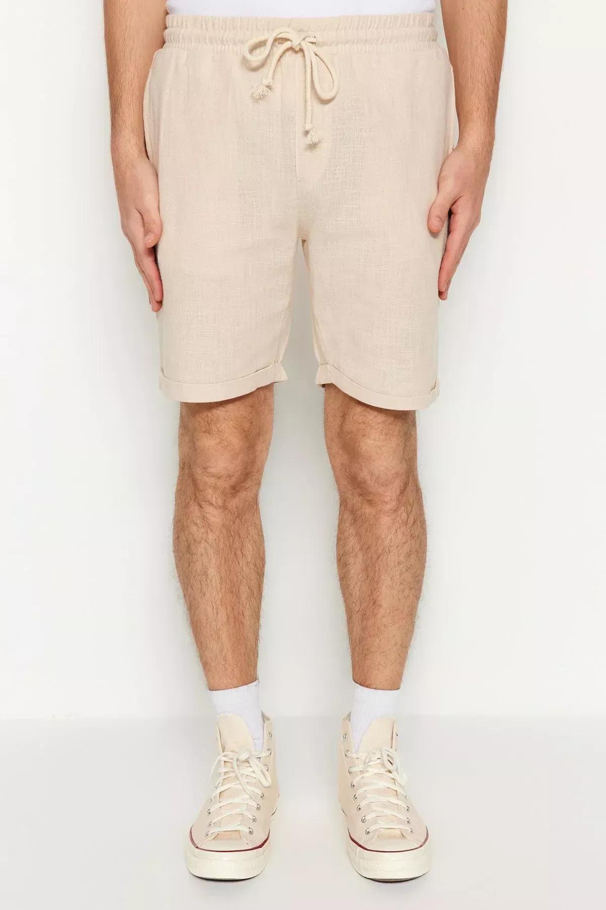 Beige Mid Waist Straight Shorts, , large image number 4