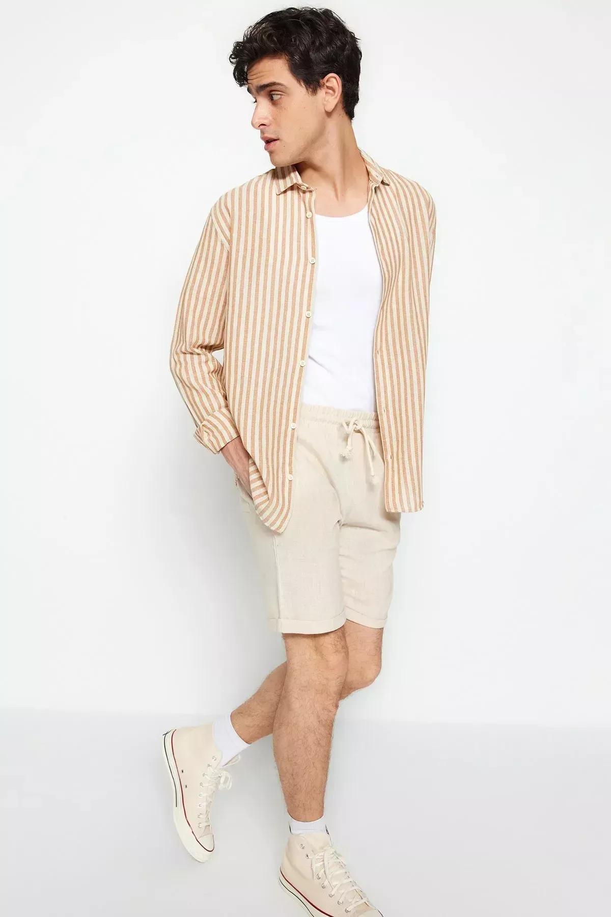 Beige Mid Waist Straight Shorts, , large image number 5