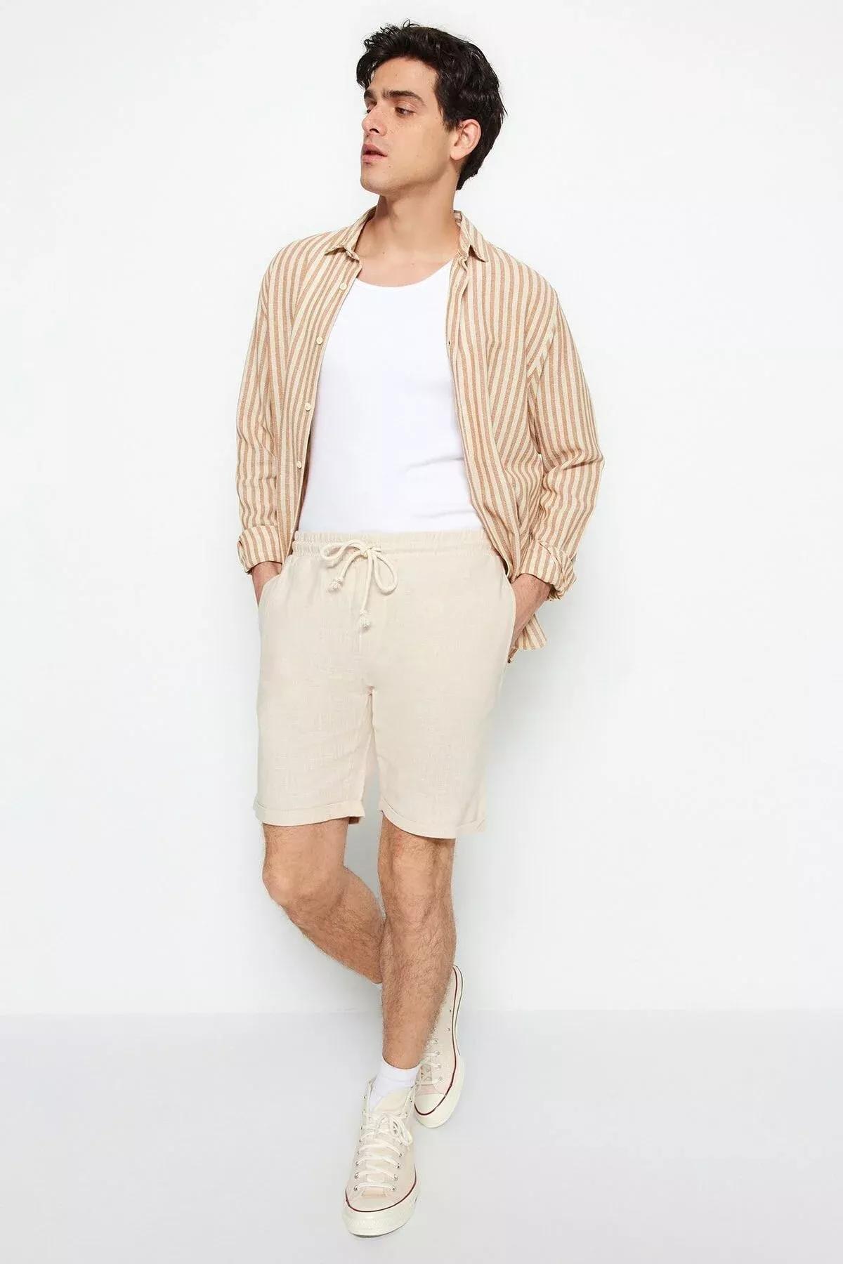 Beige Mid Waist Straight Shorts, , large image number 6