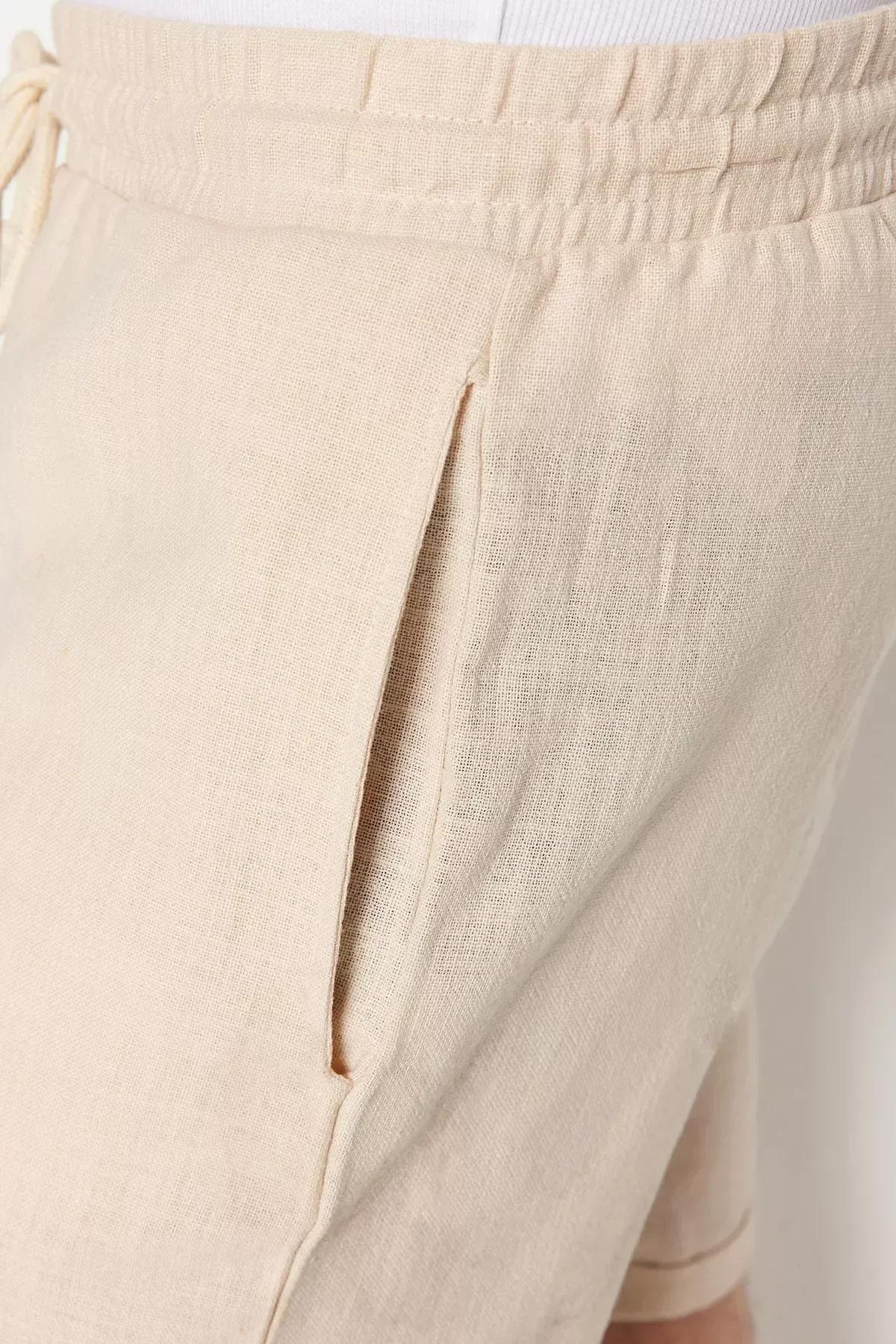 Beige Mid Waist Straight Shorts, Ecru, large image number 7