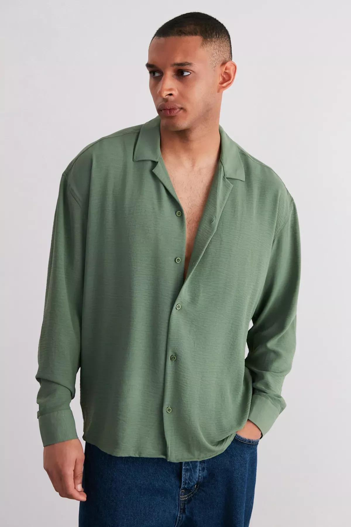 Khaki Oversize Fit Open Collar Summer Linen Look Shirt TMNSS23GO00053, single, Khaki, medium