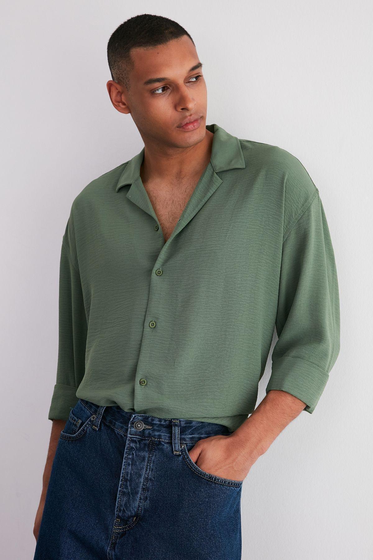 Khaki Oversize Fit Open Collar Summer Linen Look Shirt TMNSS23GO00053, single, , large image number 0