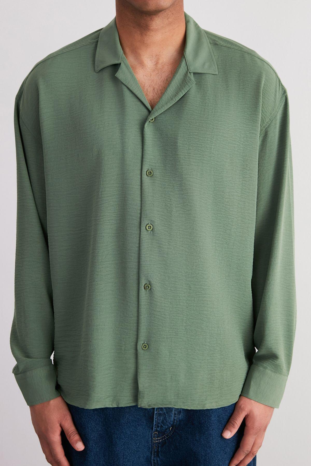 Khaki Oversize Fit Open Collar Summer Linen Look Shirt TMNSS23GO00053, single, , large image number 1