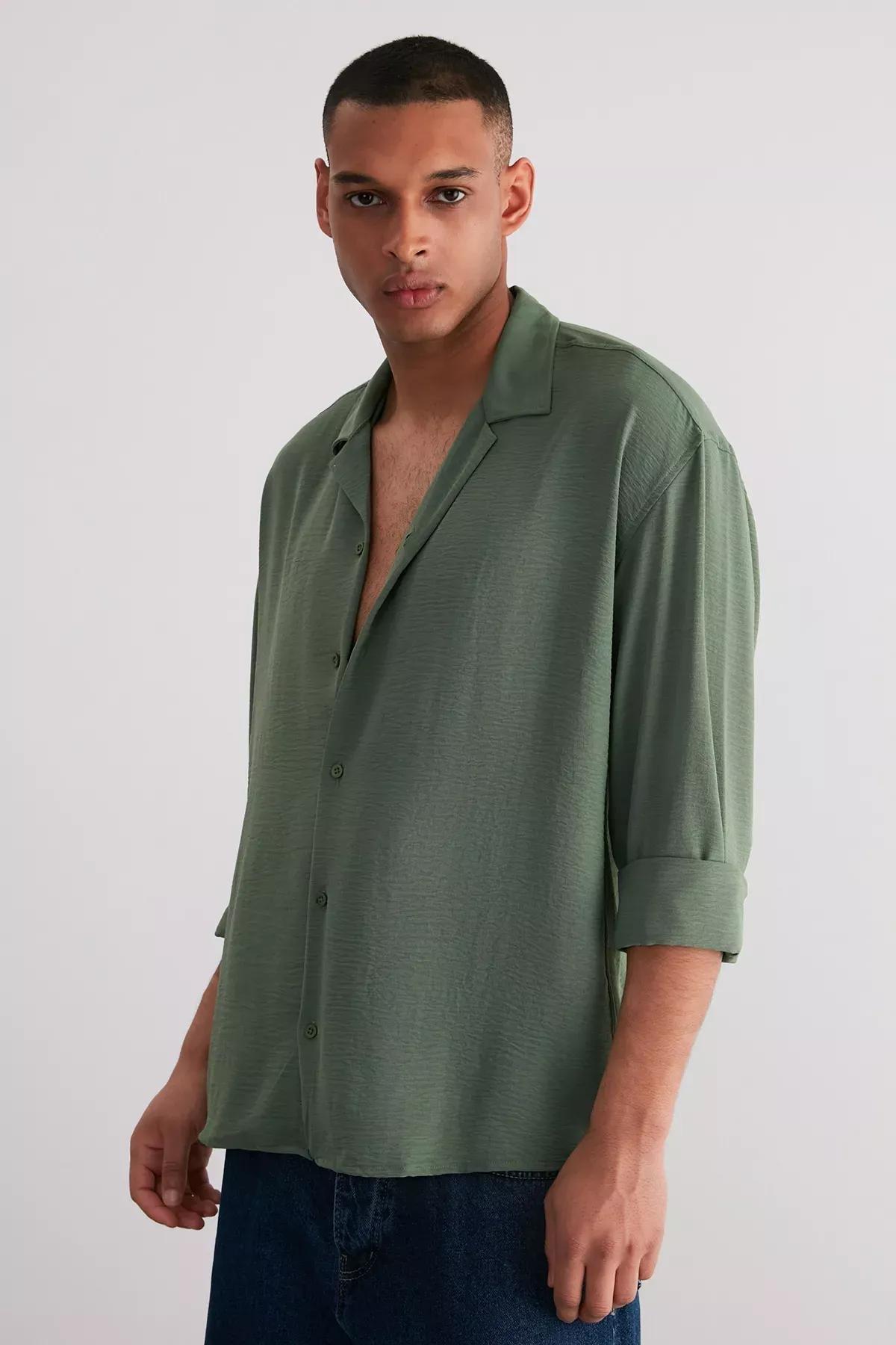 Khaki Oversize Fit Open Collar Summer Linen Look Shirt TMNSS23GO00053, single, Khaki, medium