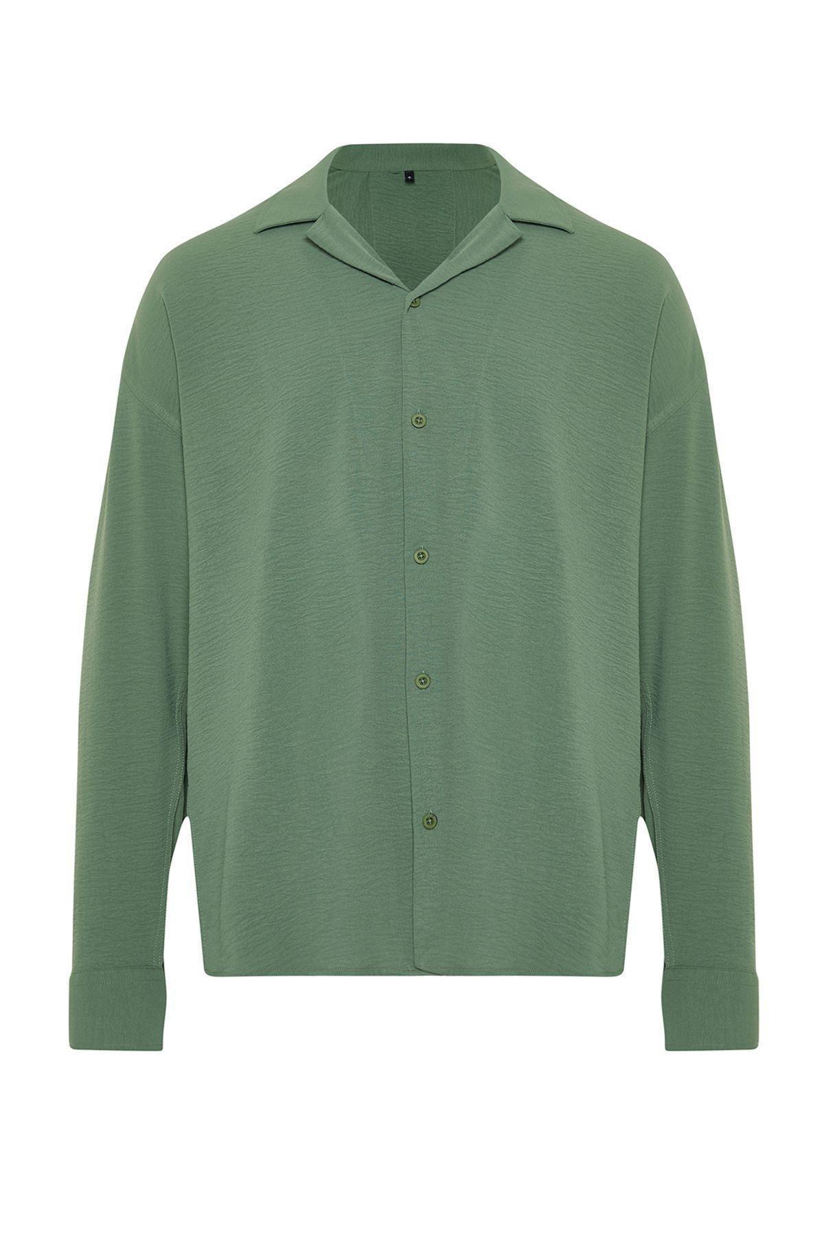 Khaki Oversize Fit Open Collar Summer Linen Look Shirt TMNSS23GO00053, single, , large image number 2