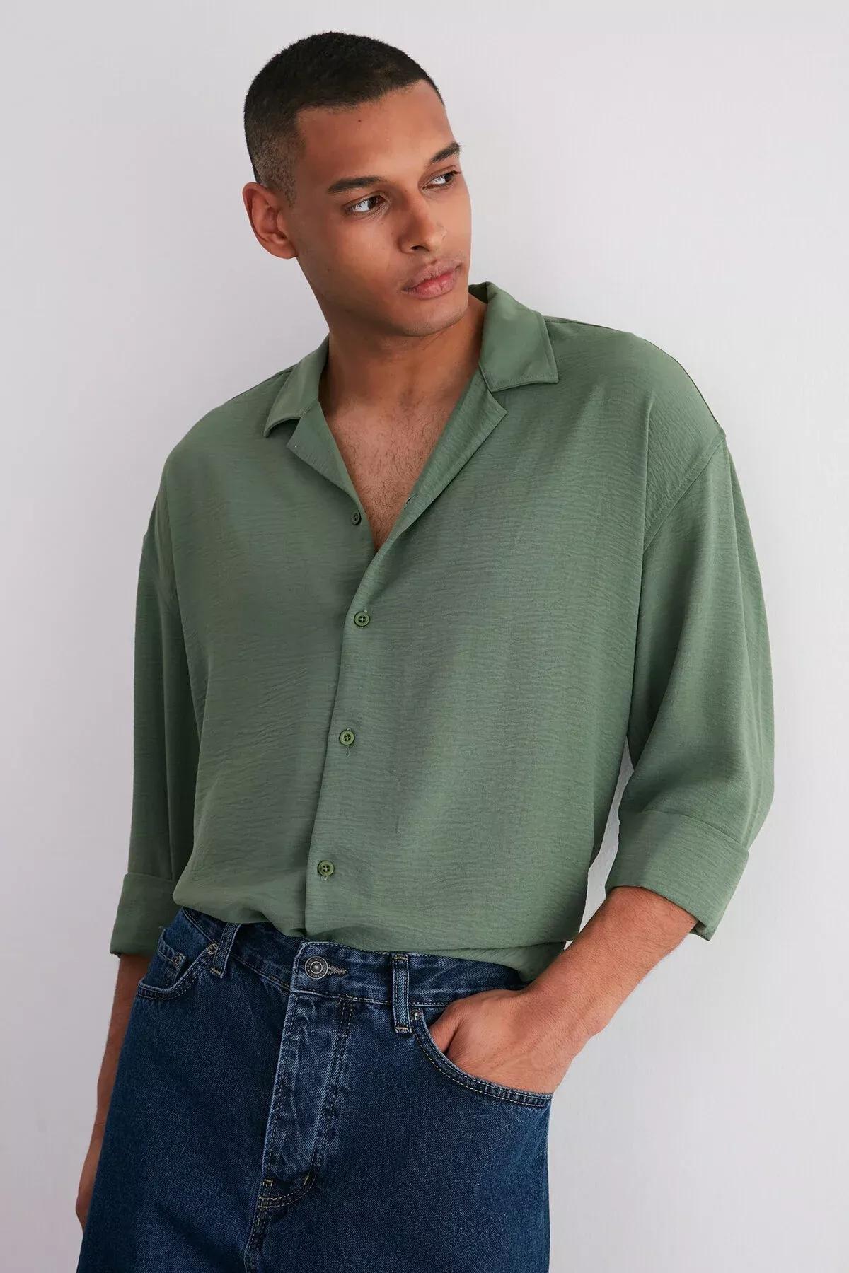 Khaki Oversize Fit Open Collar Summer Linen Look Shirt TMNSS23GO00053, single, Khaki, large image number 3