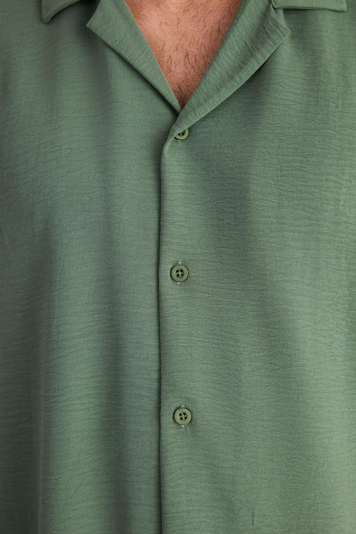 Khaki Oversize Fit Open Collar Summer Linen Look Shirt TMNSS23GO00053, single, , large image number 3