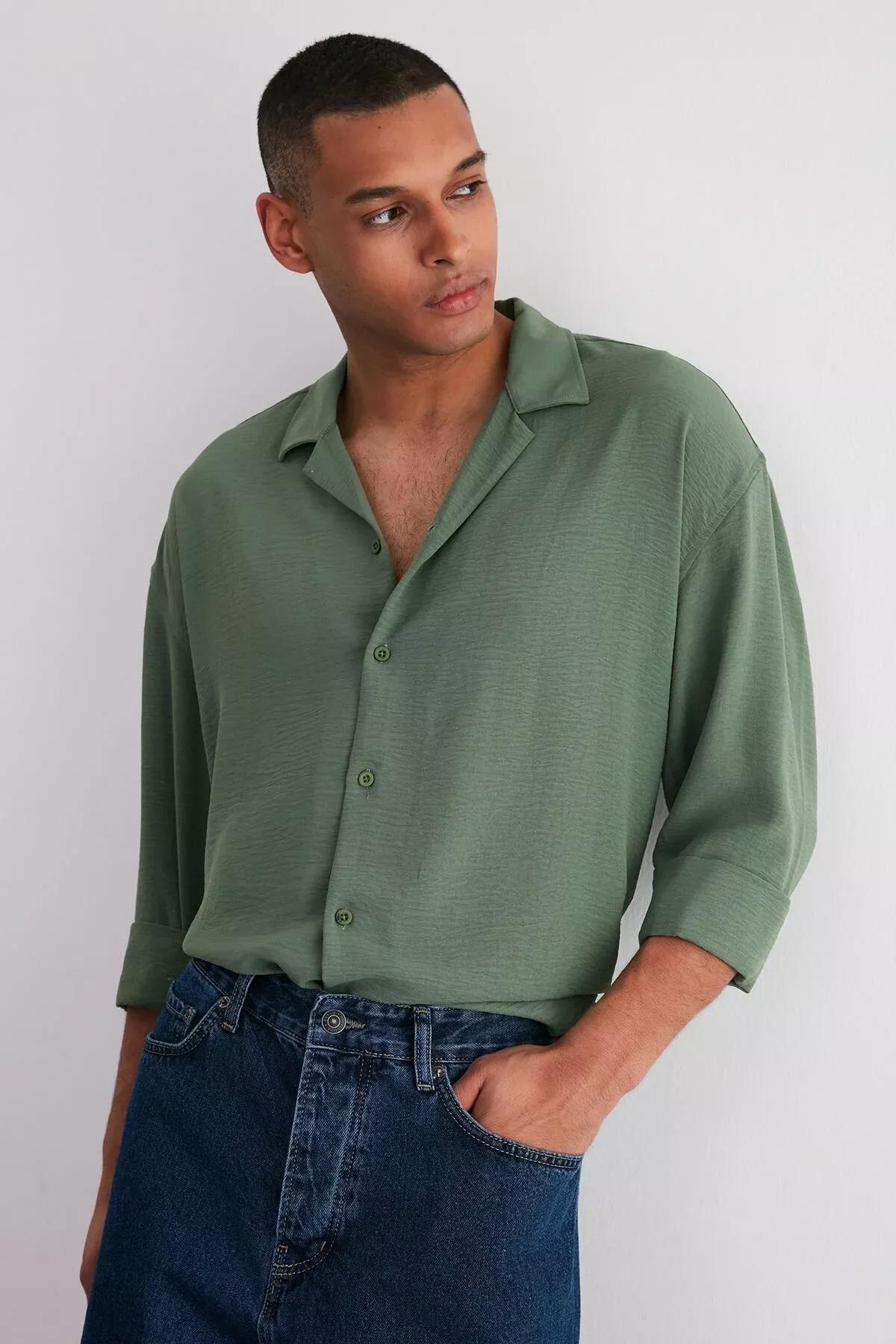 Khaki Oversize Fit Open Collar Summer Linen Look Shirt TMNSS23GO00053, single, Khaki, large image number 4