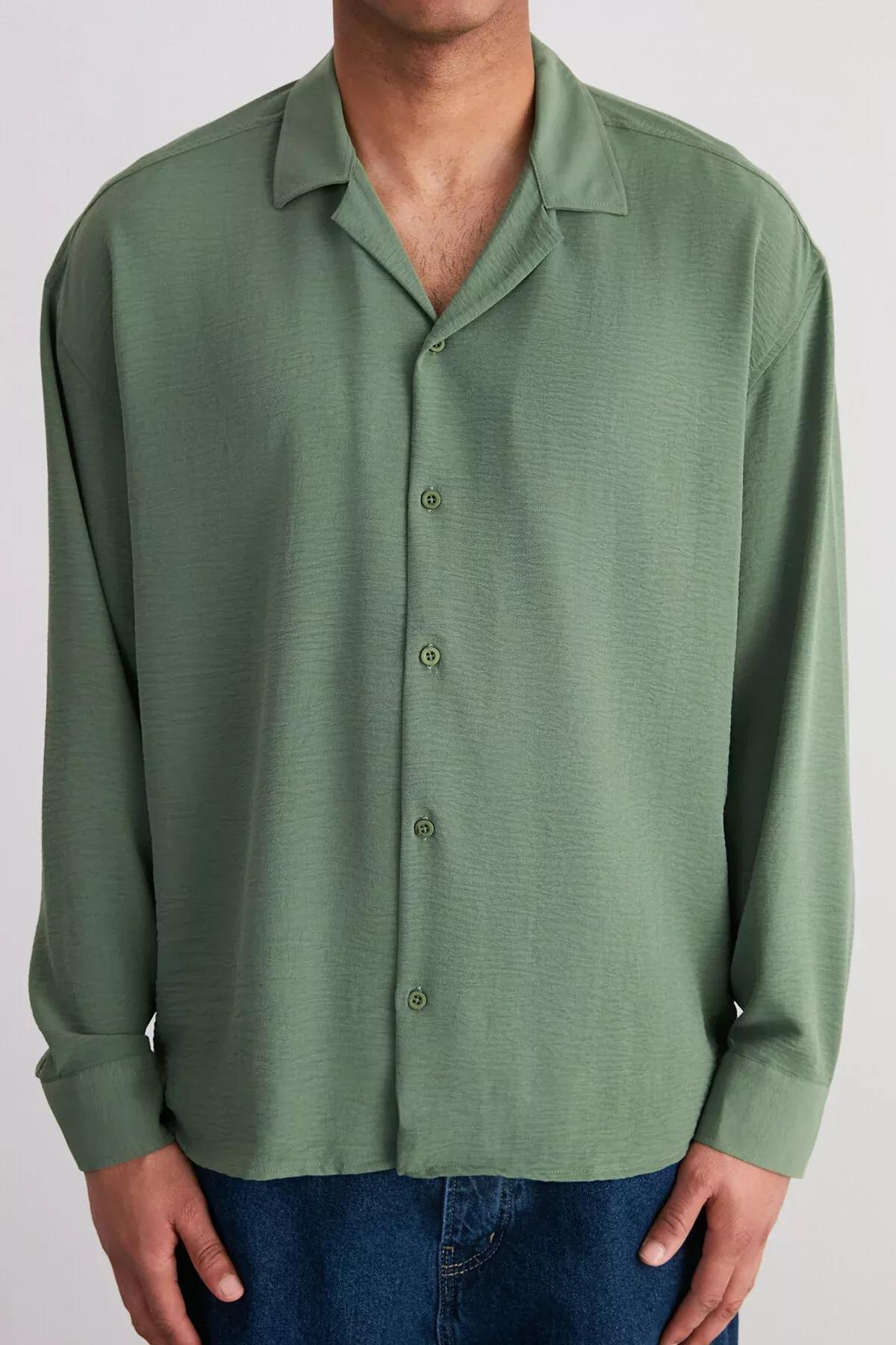 Khaki Oversize Fit Open Collar Summer Linen Look Shirt TMNSS23GO00053, single, Khaki, large image number 5