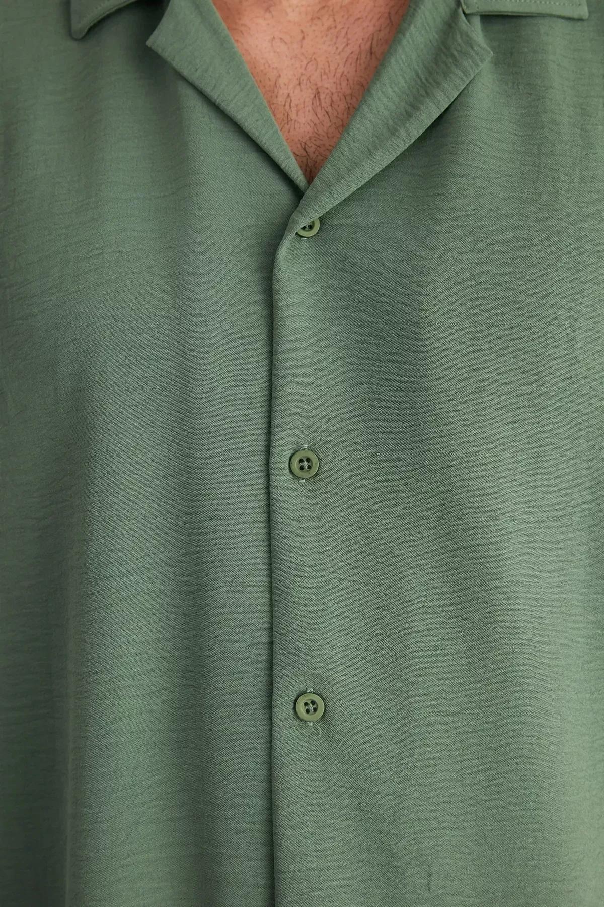 Khaki Oversize Fit Open Collar Summer Linen Look Shirt TMNSS23GO00053, single, Khaki, large image number 8