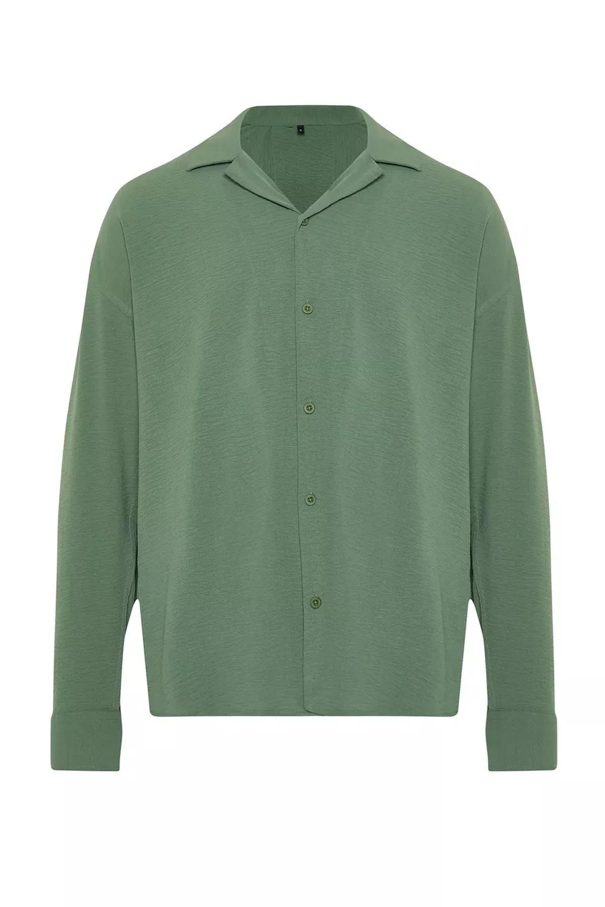 Khaki Oversize Fit Open Collar Summer Linen Look Shirt TMNSS23GO00053, single, Khaki, large image number 10