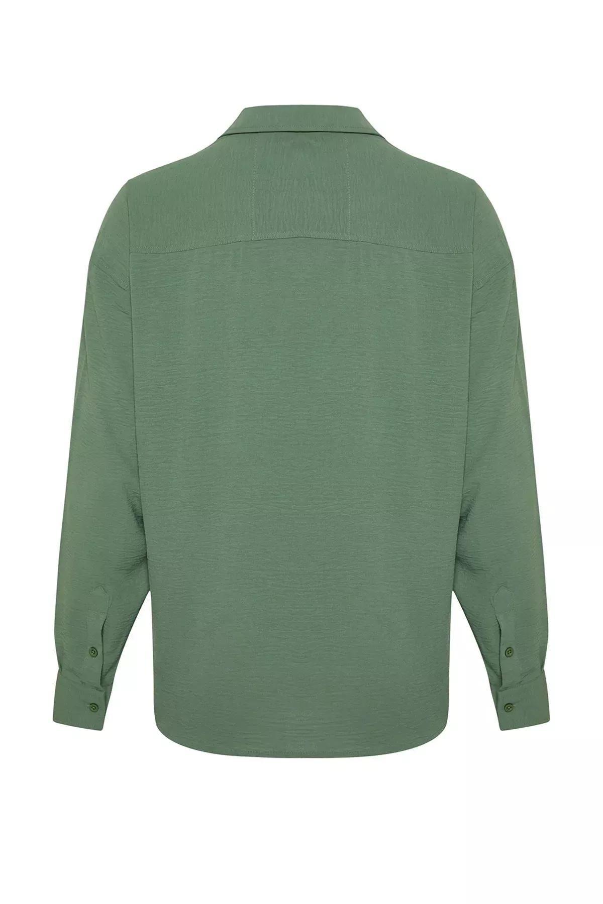 Khaki Oversize Fit Open Collar Summer Linen Look Shirt TMNSS23GO00053, single, Khaki, large image number 12