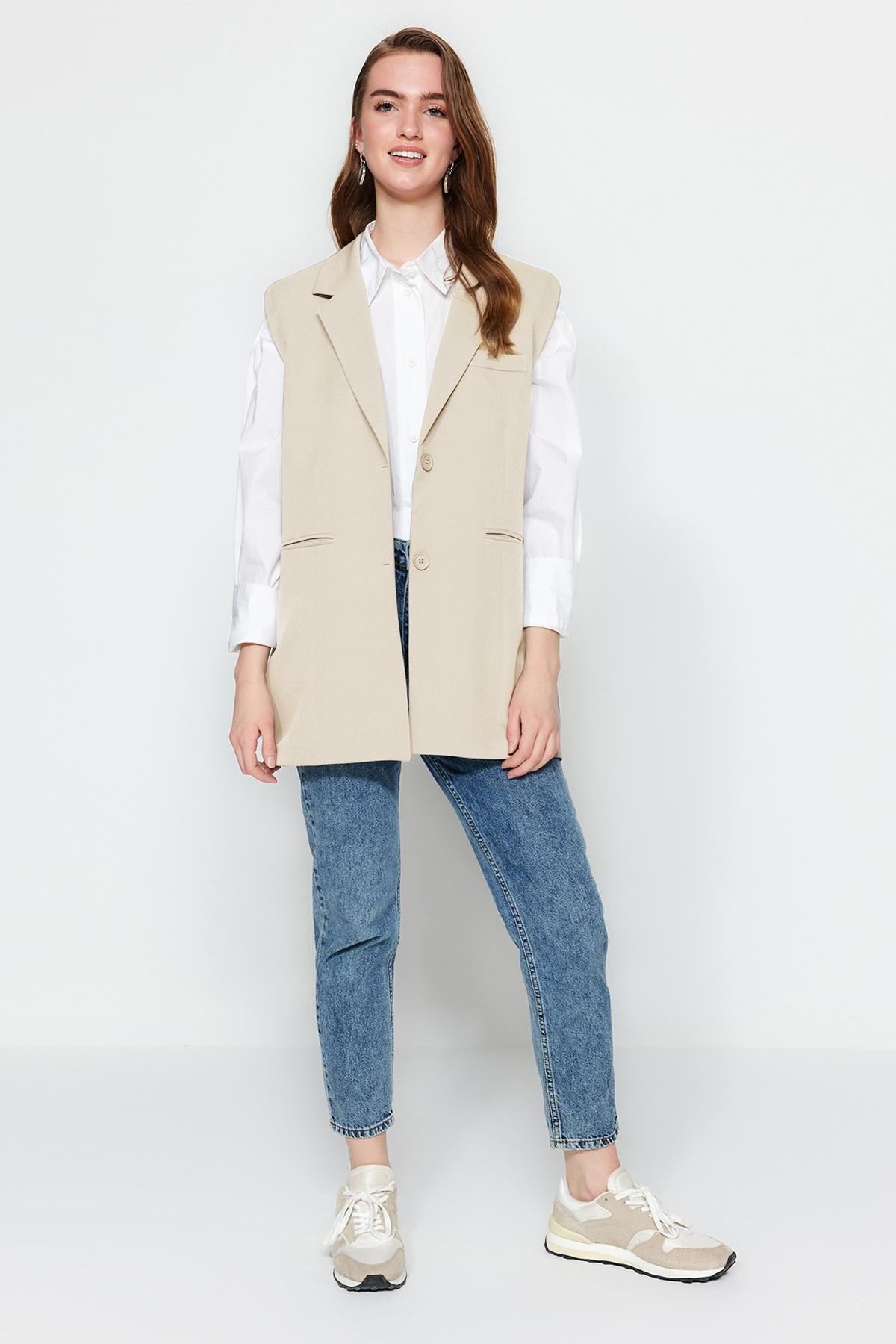 Trendyol - Beige Double-Breasted Vest