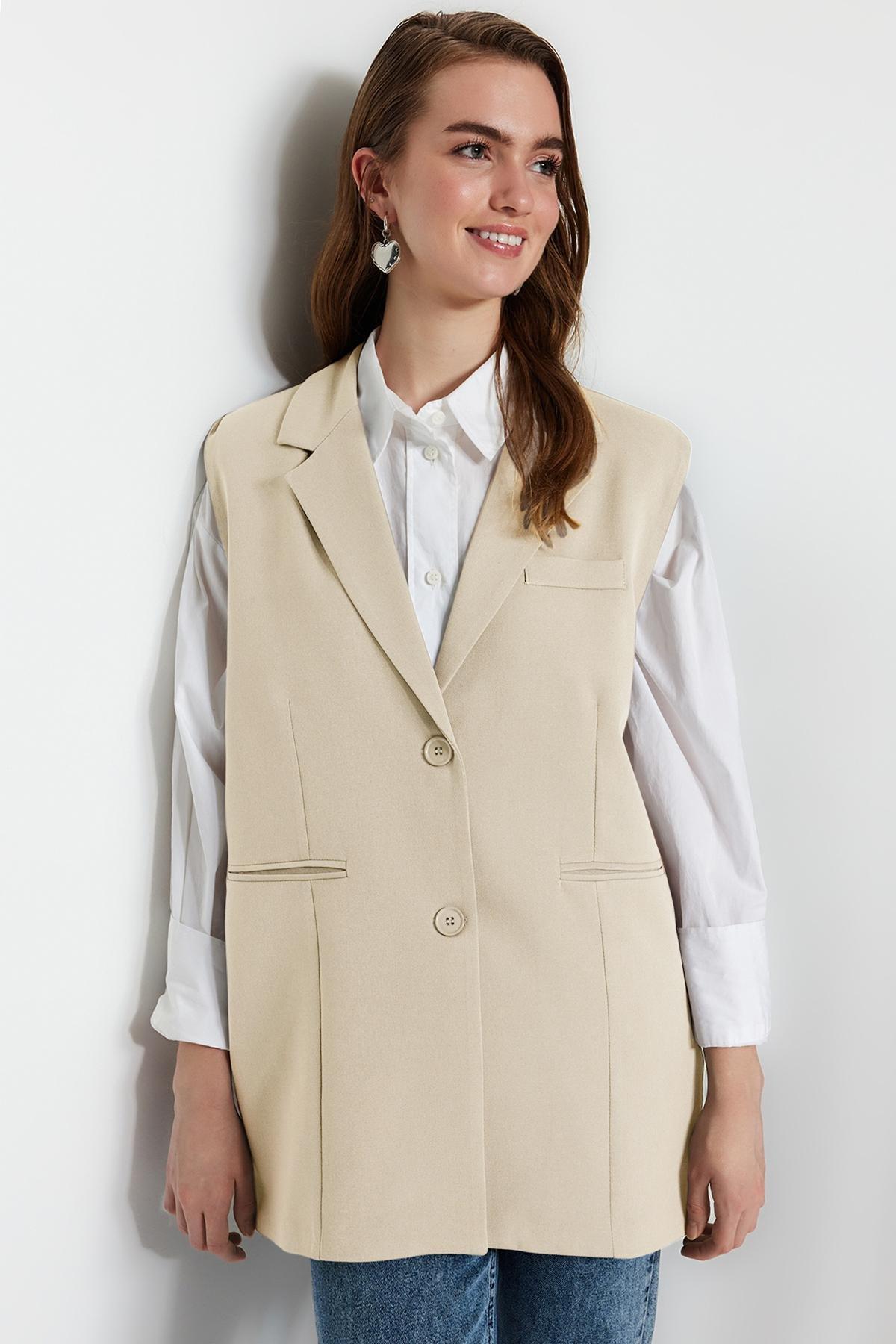 Beige Double-Breasted Vest, , large image number 1