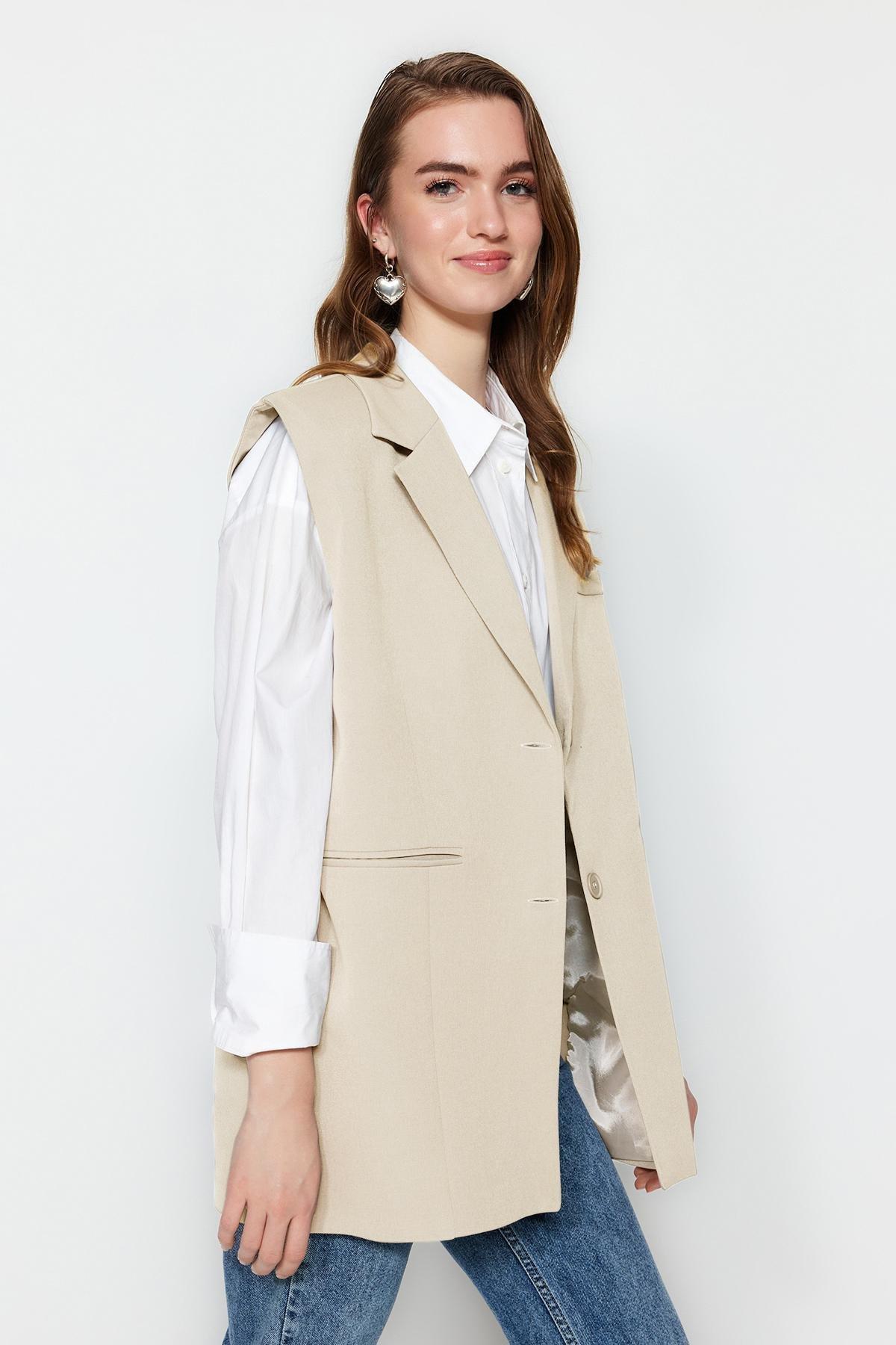 Trendyol - Beige Double-Breasted Vest