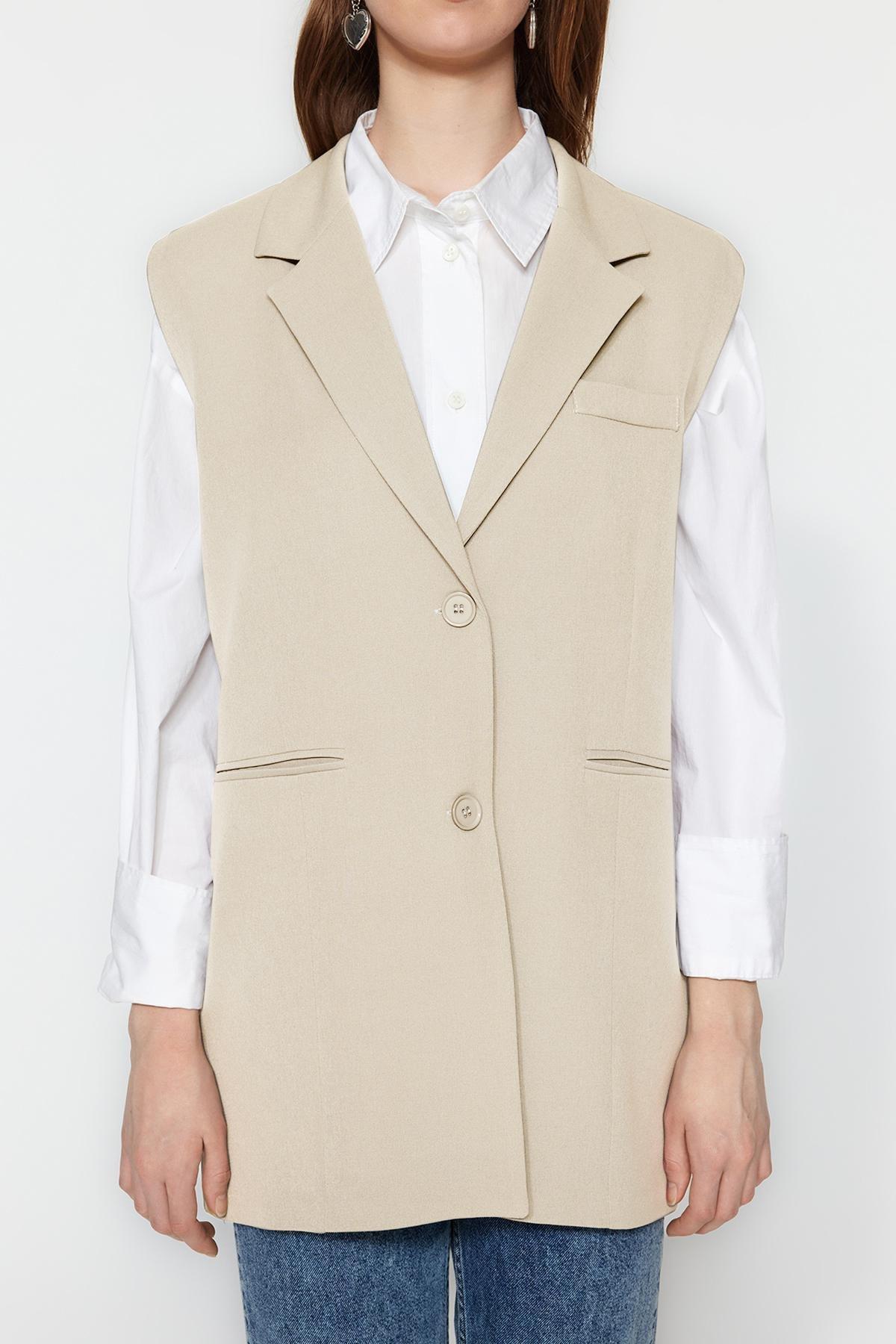 Trendyol - Beige Double-Breasted Vest