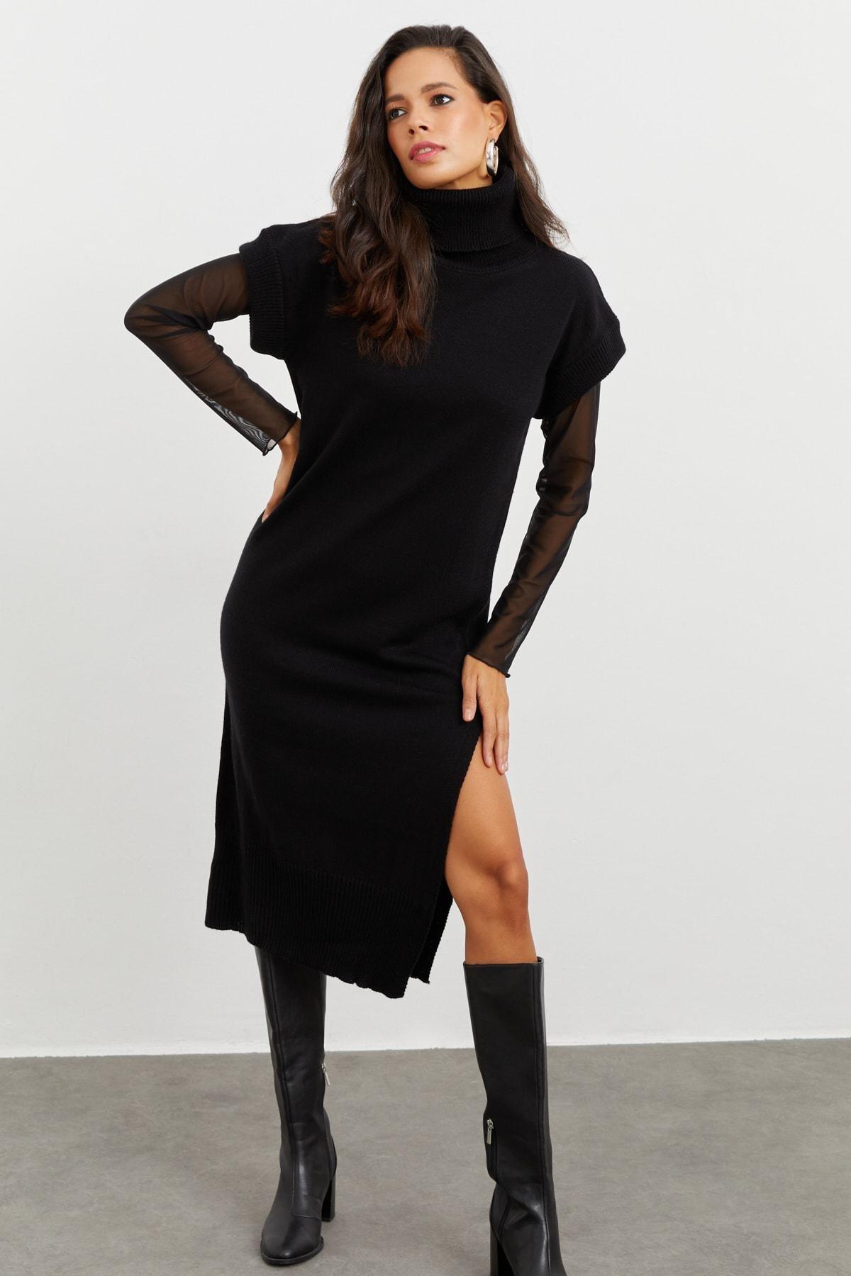 Black Asymmetric Turtleneck Dress, , large image number 0