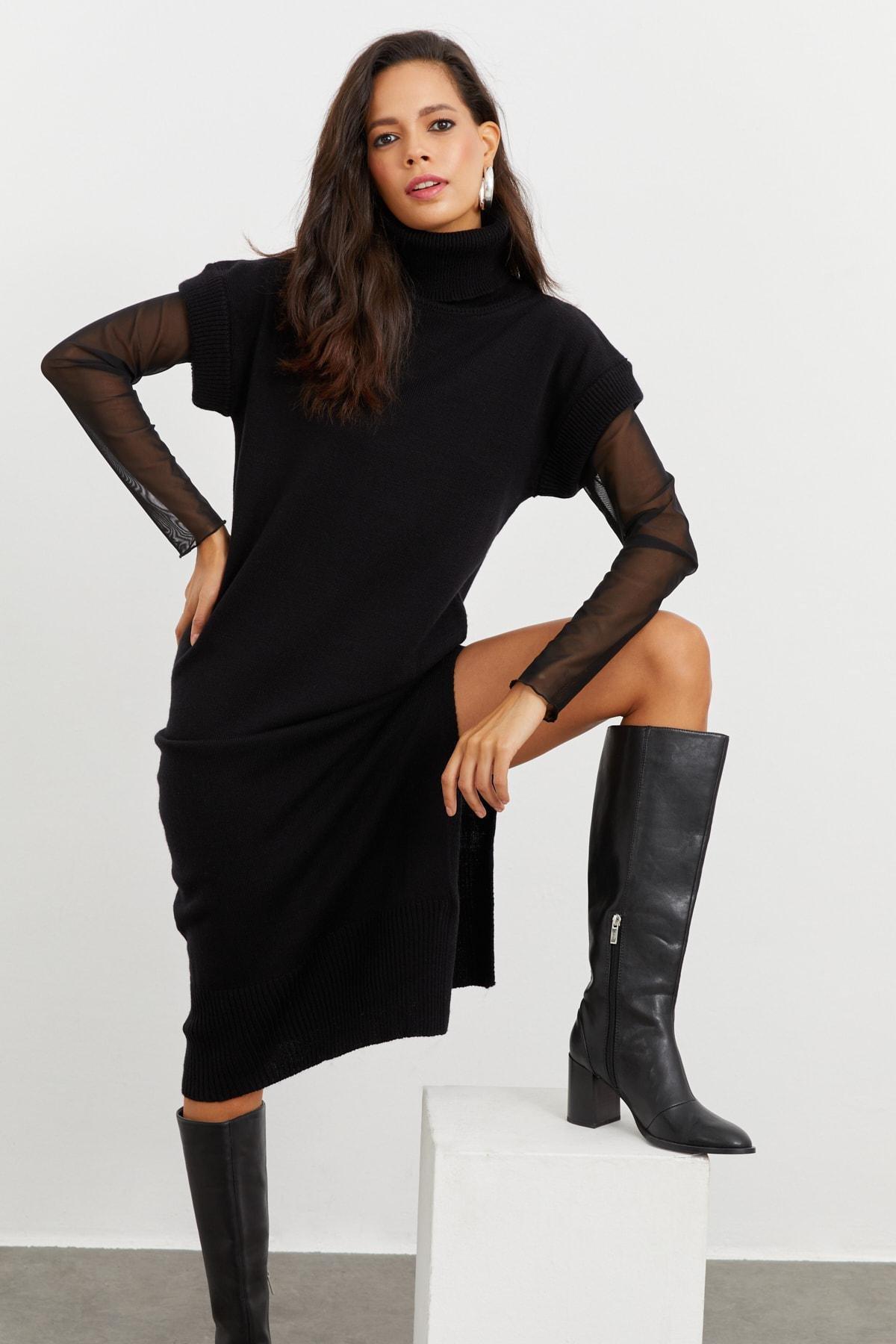 Black Asymmetric Turtleneck Dress, , large image number 1