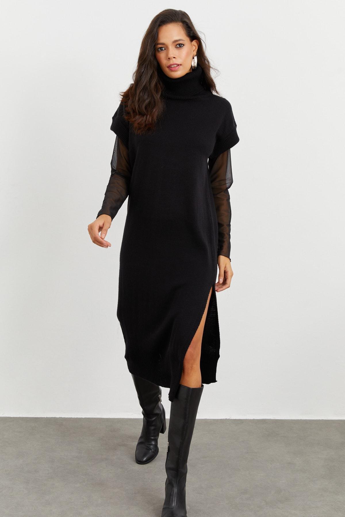 Black Asymmetric Turtleneck Dress, , large image number 2