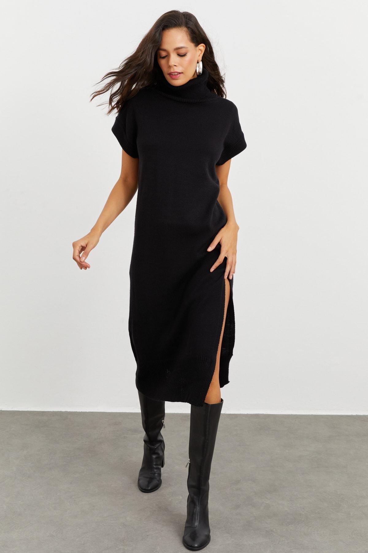 Black Asymmetric Turtleneck Dress, , large image number 4