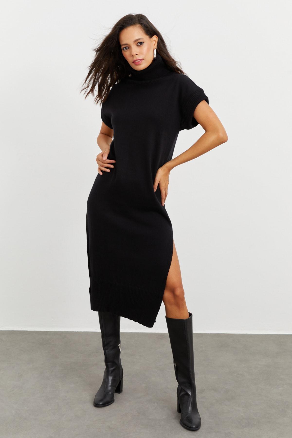 Black Asymmetric Turtleneck Dress, , large image number 5