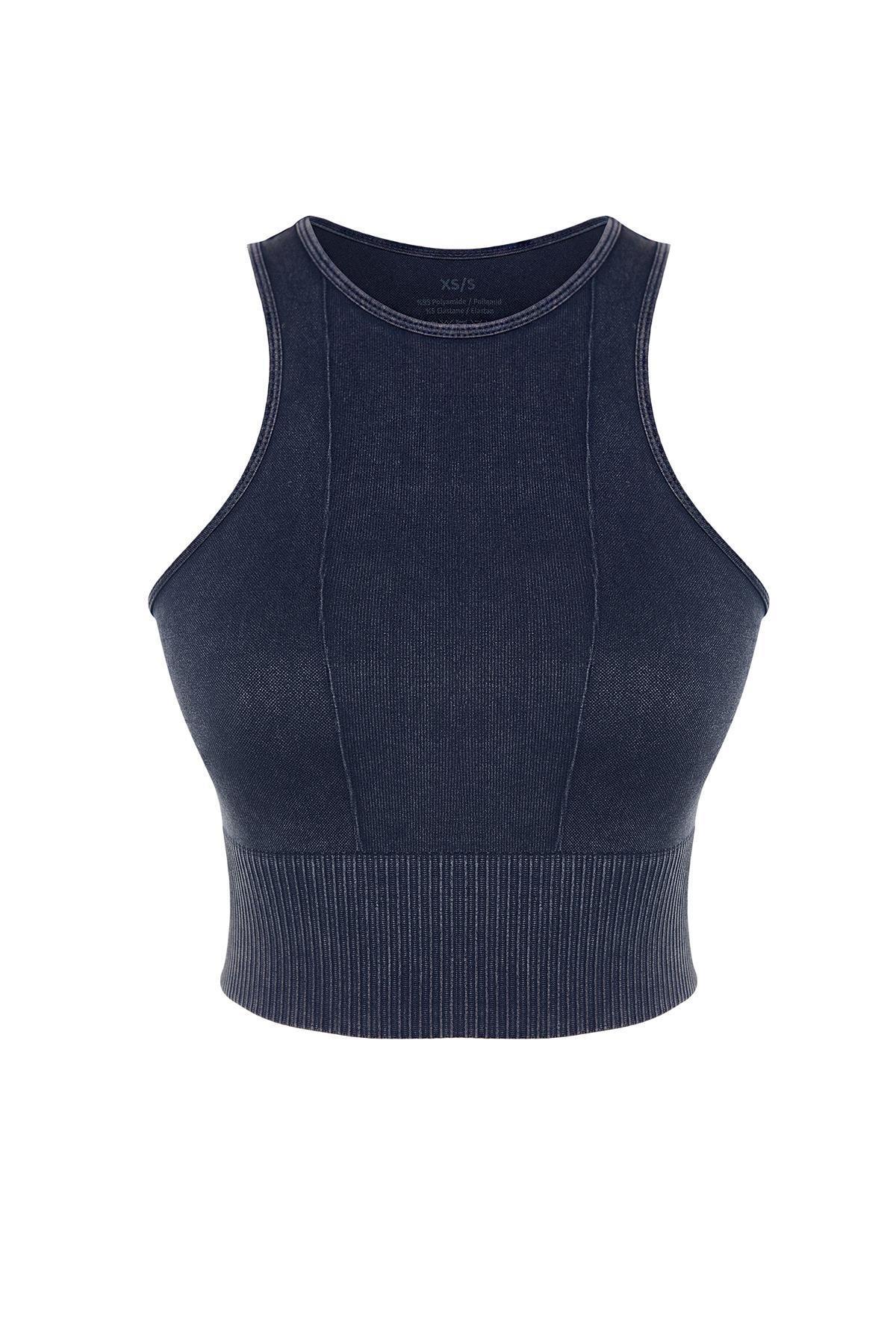 Navy Blue Seamless/Seamless Crop Acid Washed Halter Neck Knitted Sports Top/Blouse THMSS23SS00004, Single, , large image number 5
