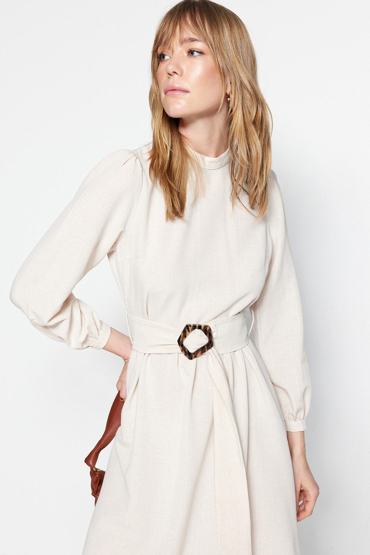 Trendyol - Ecru Belted Shift Dress