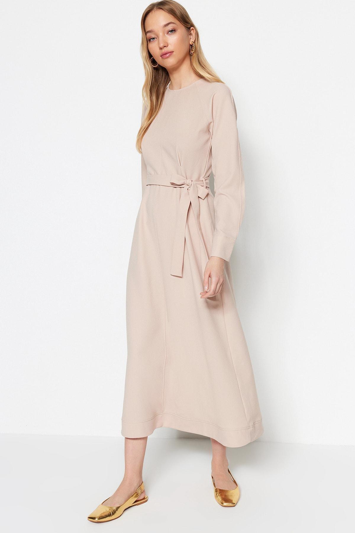Beige A-Line Crew Neck Dress, , large image number 0