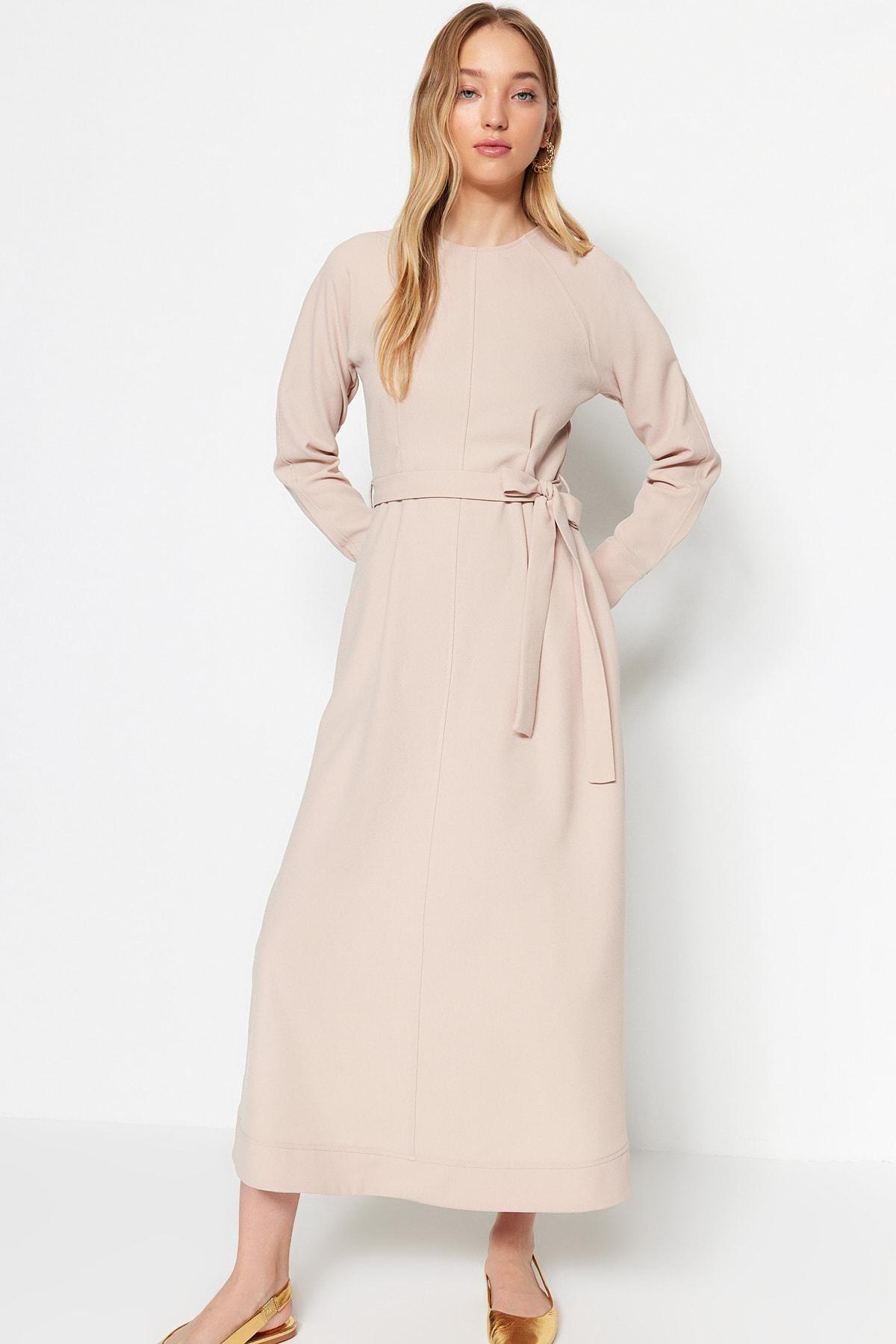 Beige A-Line Crew Neck Dress, , large image number 1