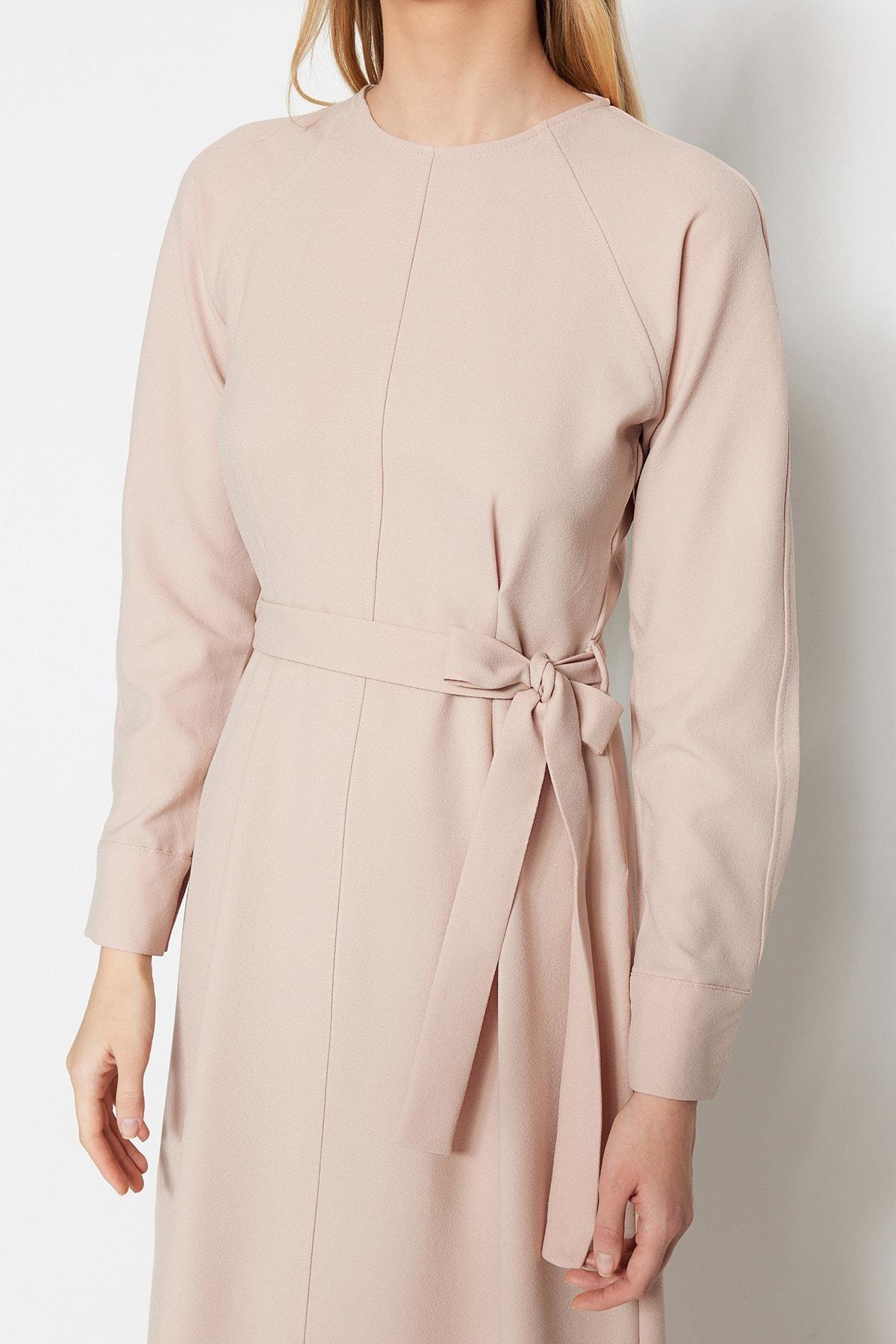Beige A-Line Crew Neck Dress, , large image number 2