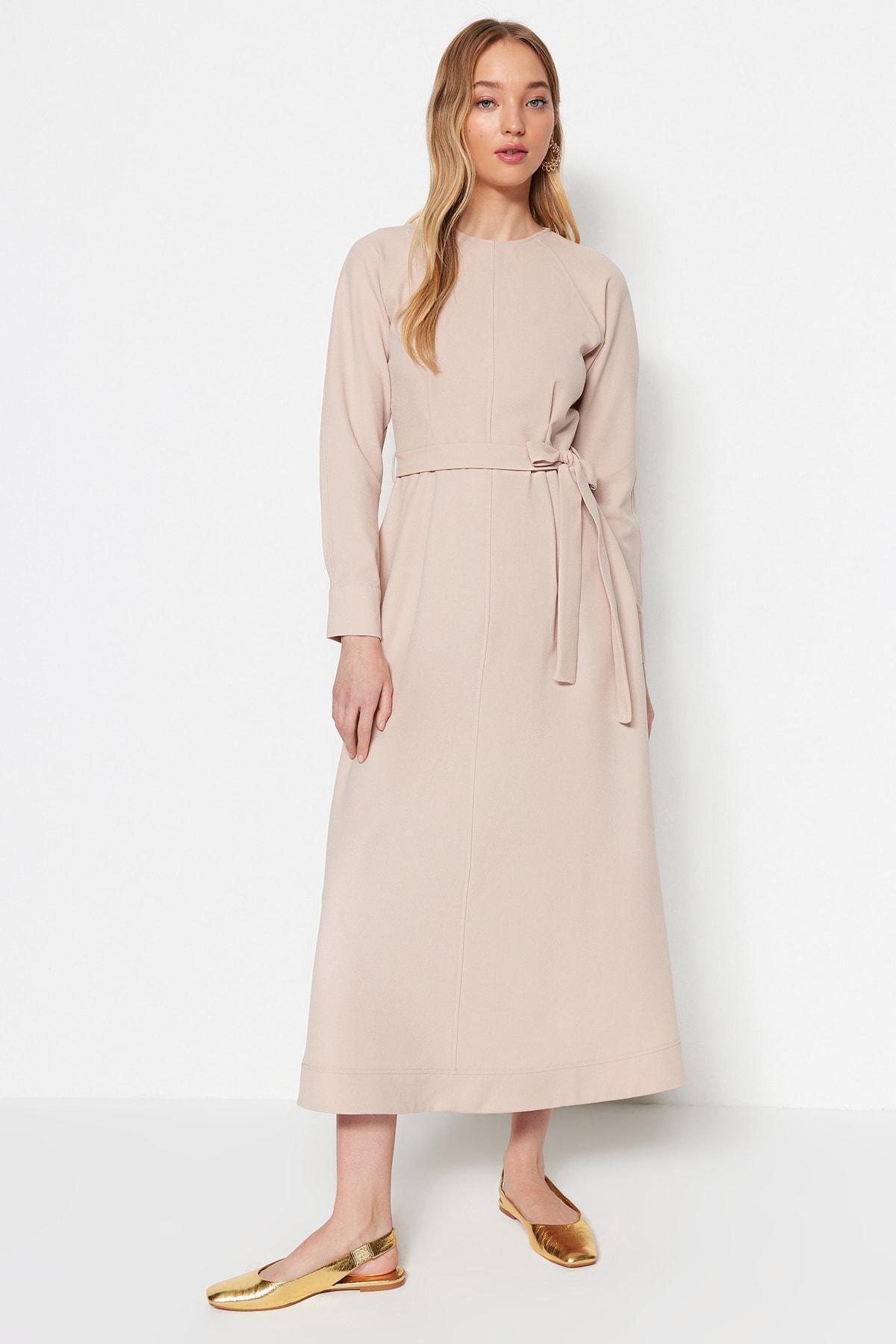 Beige A-Line Crew Neck Dress, , large image number 4