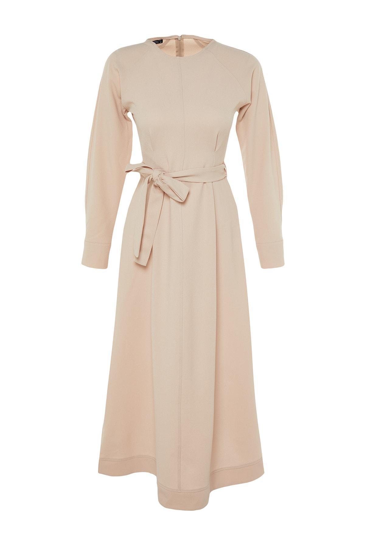 Beige A-Line Crew Neck Dress, , large image number 6