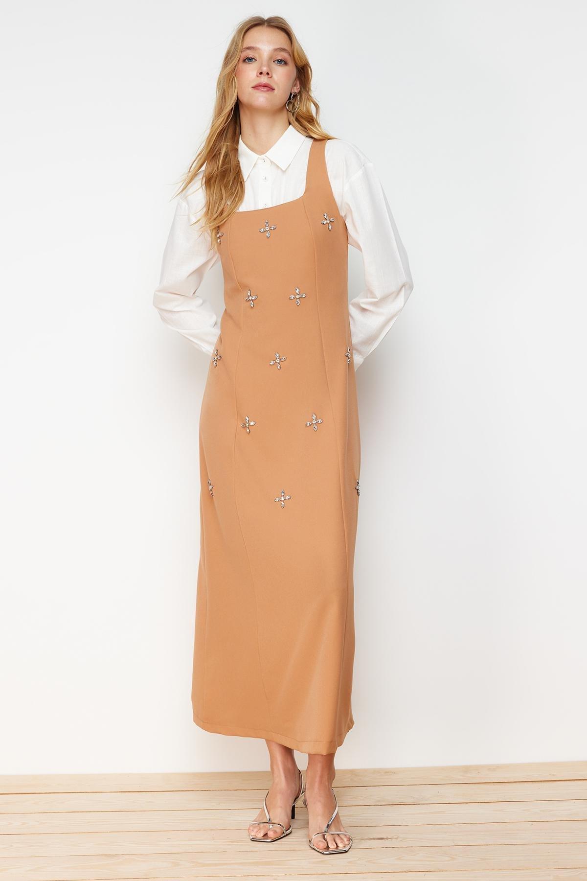 Beige Square Neck Woven Gilet Dress, , large image number 0