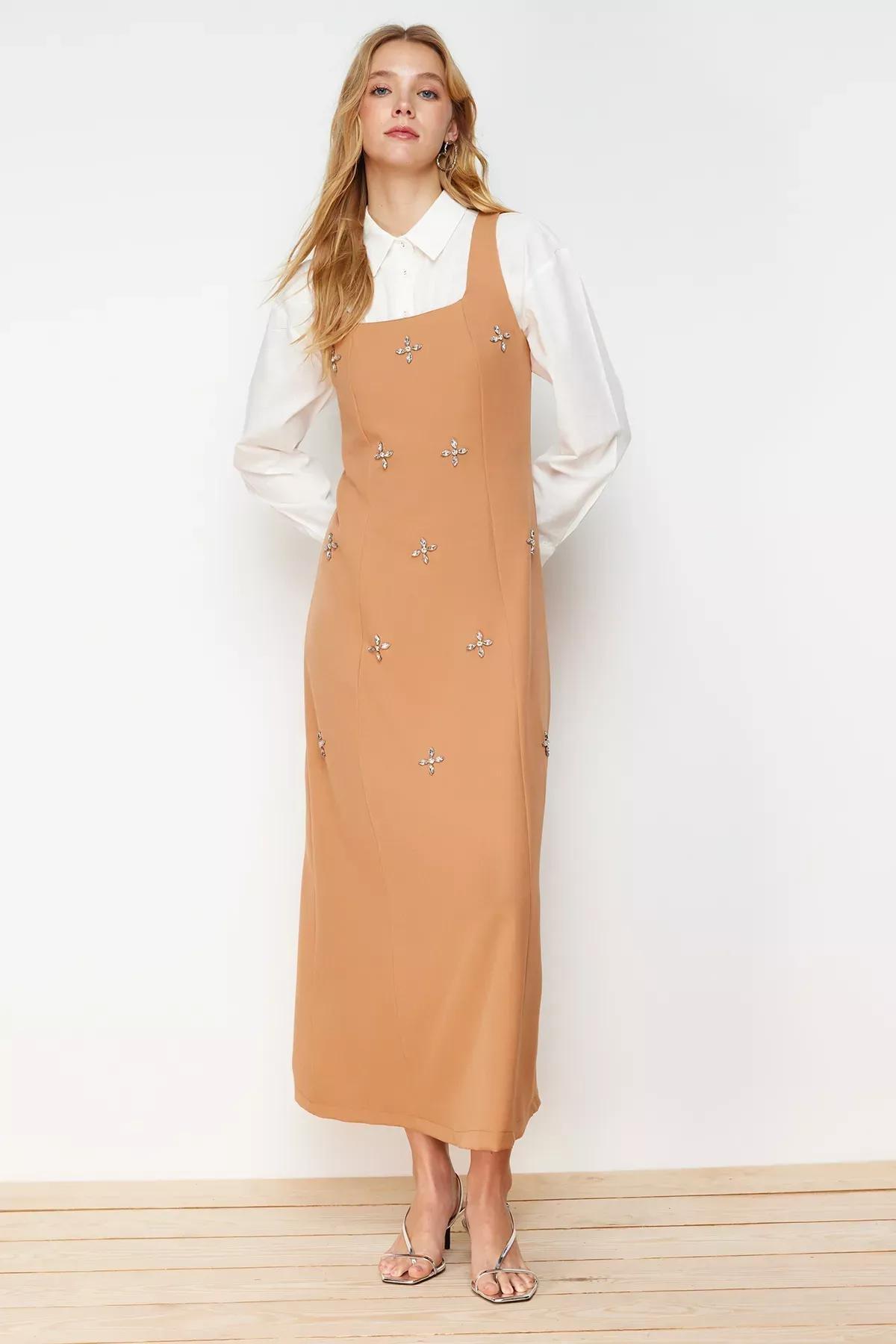 Beige Square Neck Woven Gilet Dress, CAMEL, medium