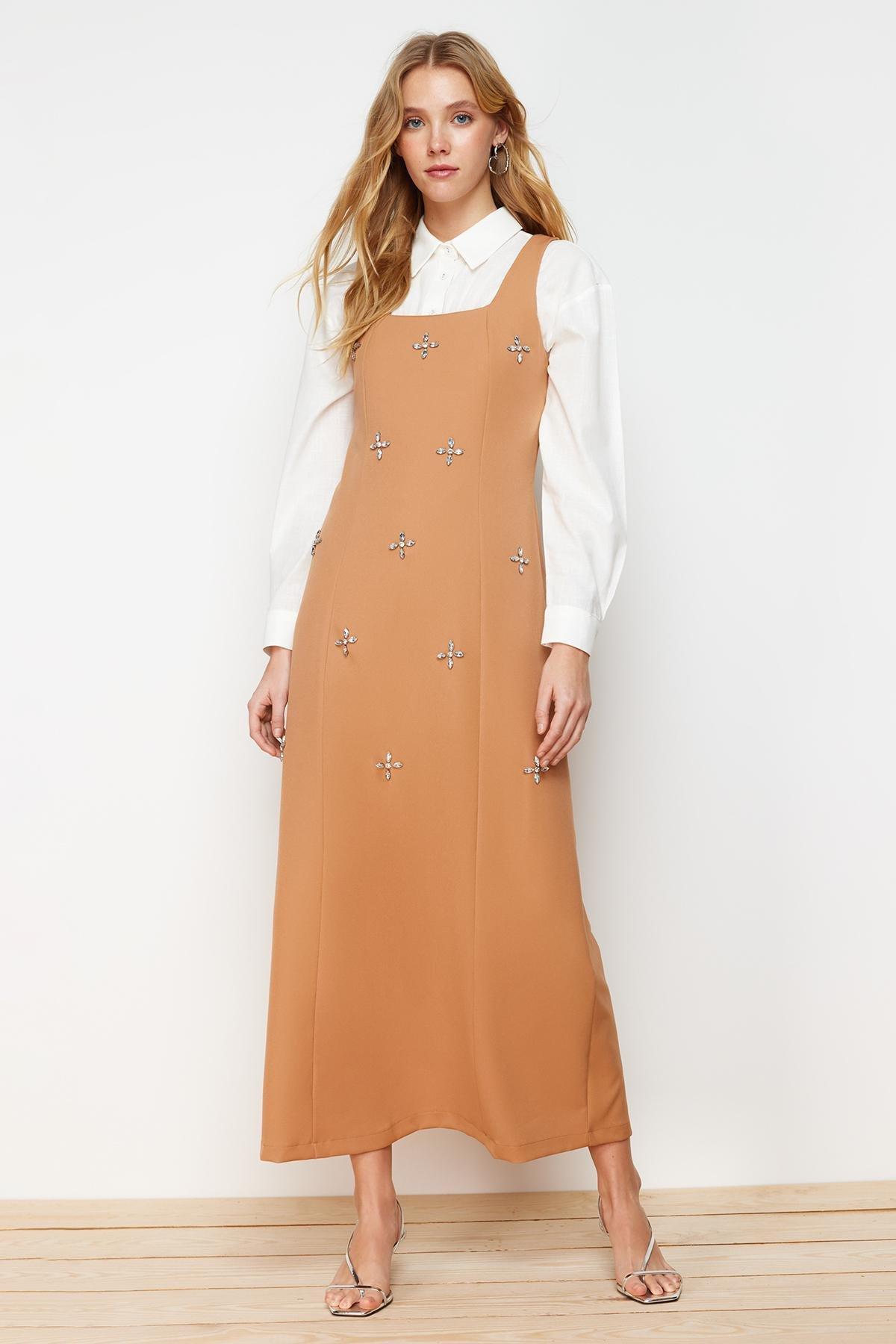 Beige Square Neck Woven Gilet Dress, , large image number 1