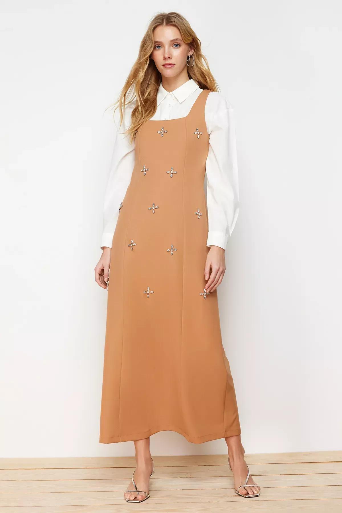 Beige Square Neck Woven Gilet Dress, CAMEL, medium