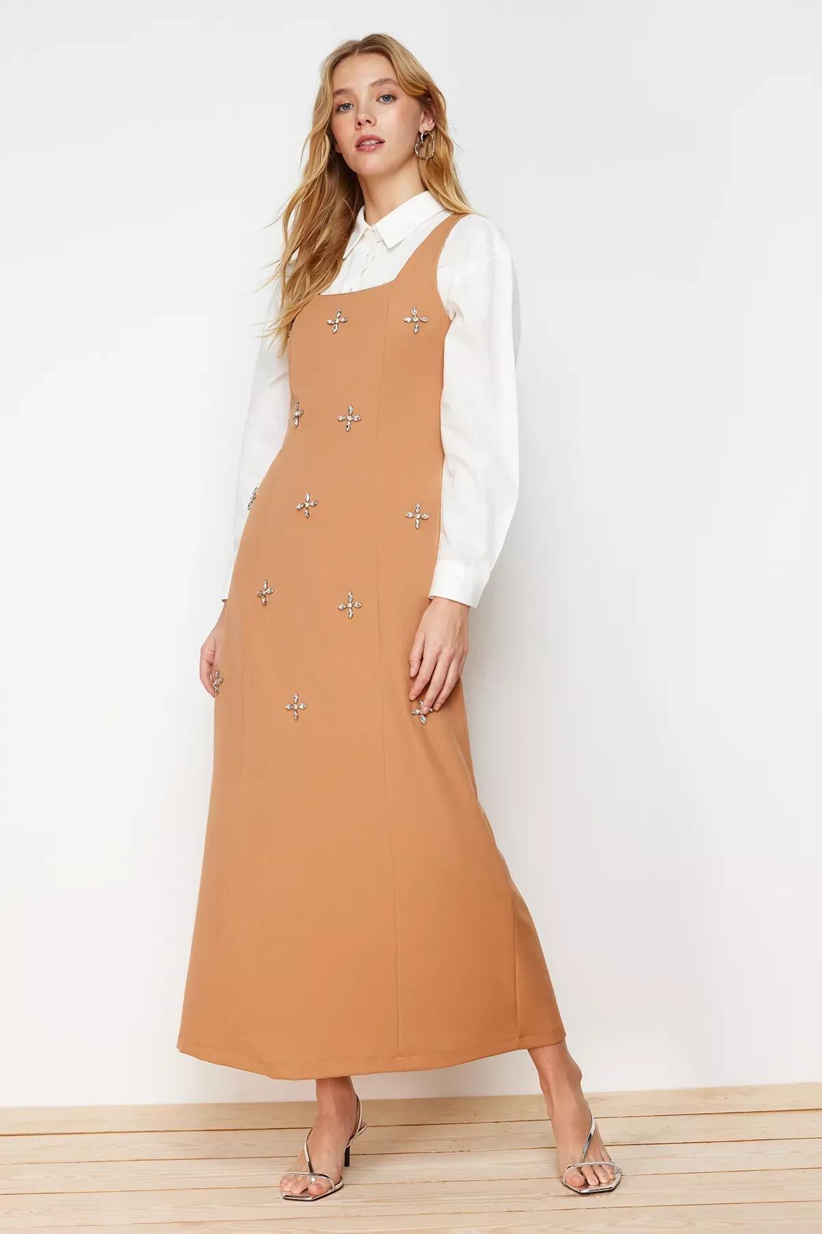 Beige Square Neck Woven Gilet Dress, CAMEL, medium