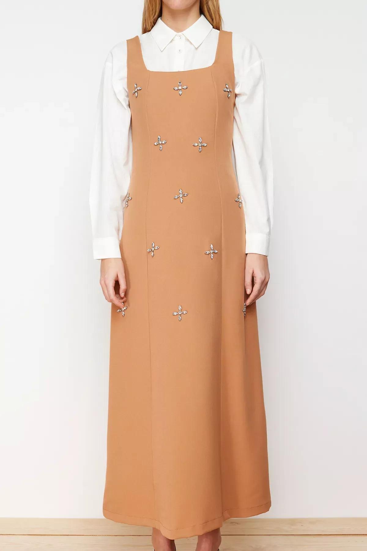 Beige Square Neck Woven Gilet Dress, CAMEL, large image number 3