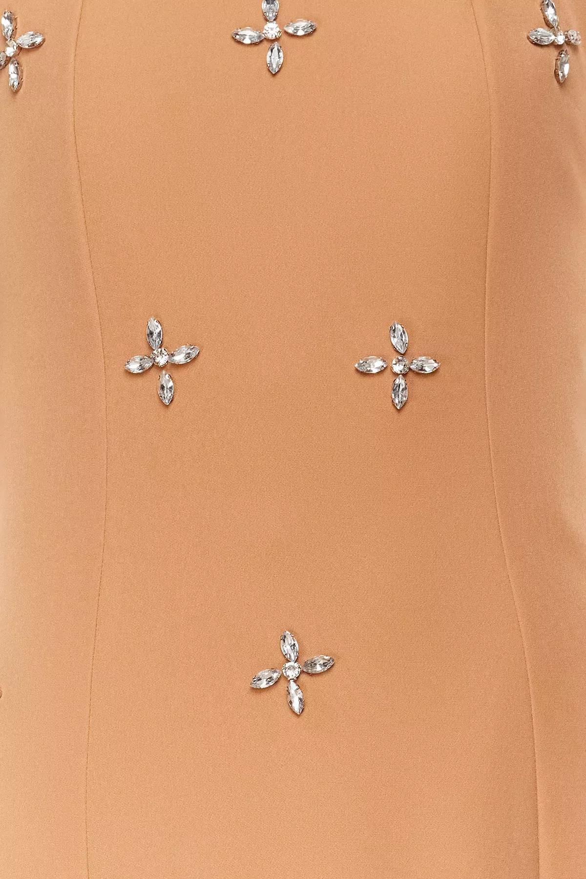 Beige Square Neck Woven Gilet Dress, CAMEL, large image number 4